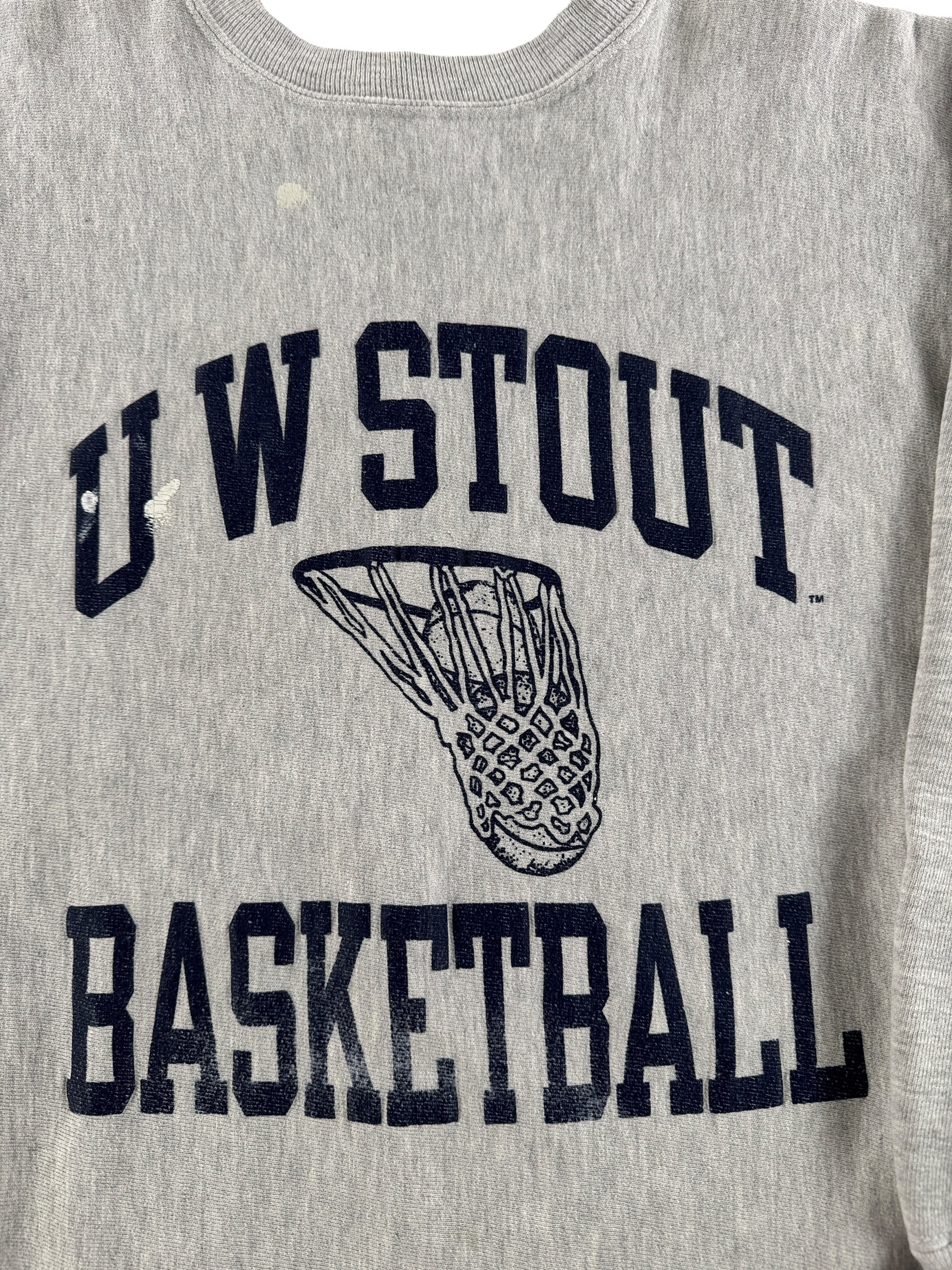 Graphic of Vintage Champion University of Wisconsin Stout Basketball Reverse Weave Crewneck SZ XL (Fits M)