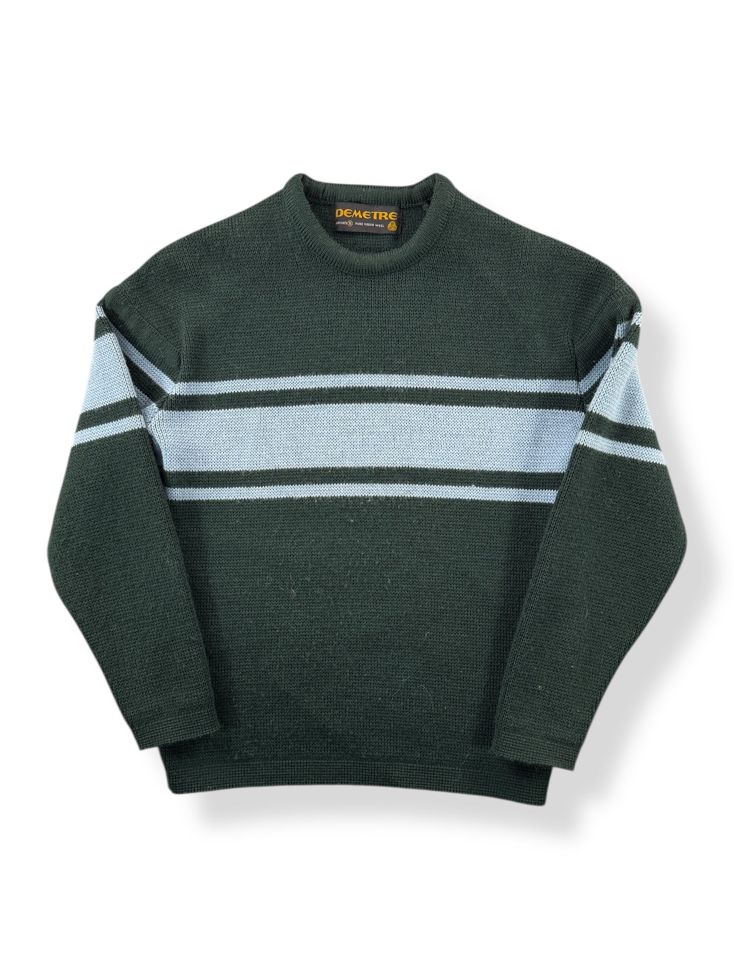 Front of Vintage Demetre Green & Blue Seattle Wool Ski Sweater SZ Kids S (Fits XXS)