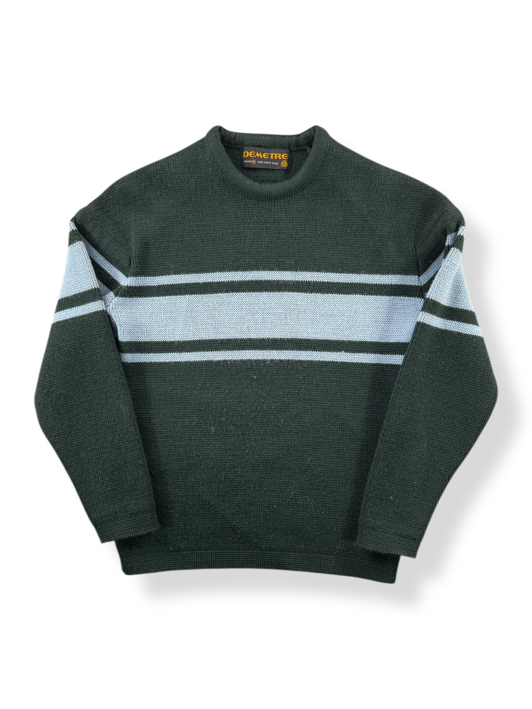 Front of Vintage Demetre Green & Blue Seattle Wool Ski Sweater SZ Kids S (Fits XXS)