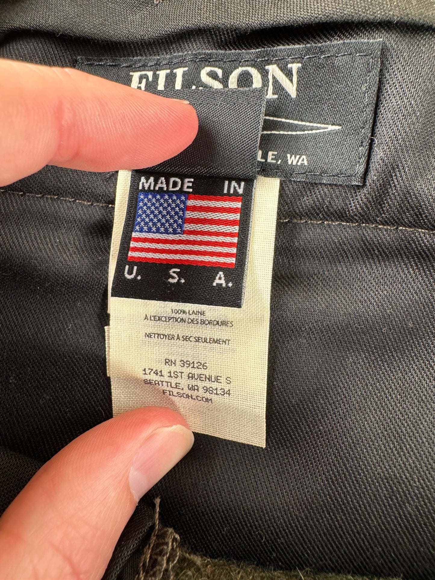 Label on Filson Forest Green Mackinaw Wool Field Pants W36 (Fits W38)