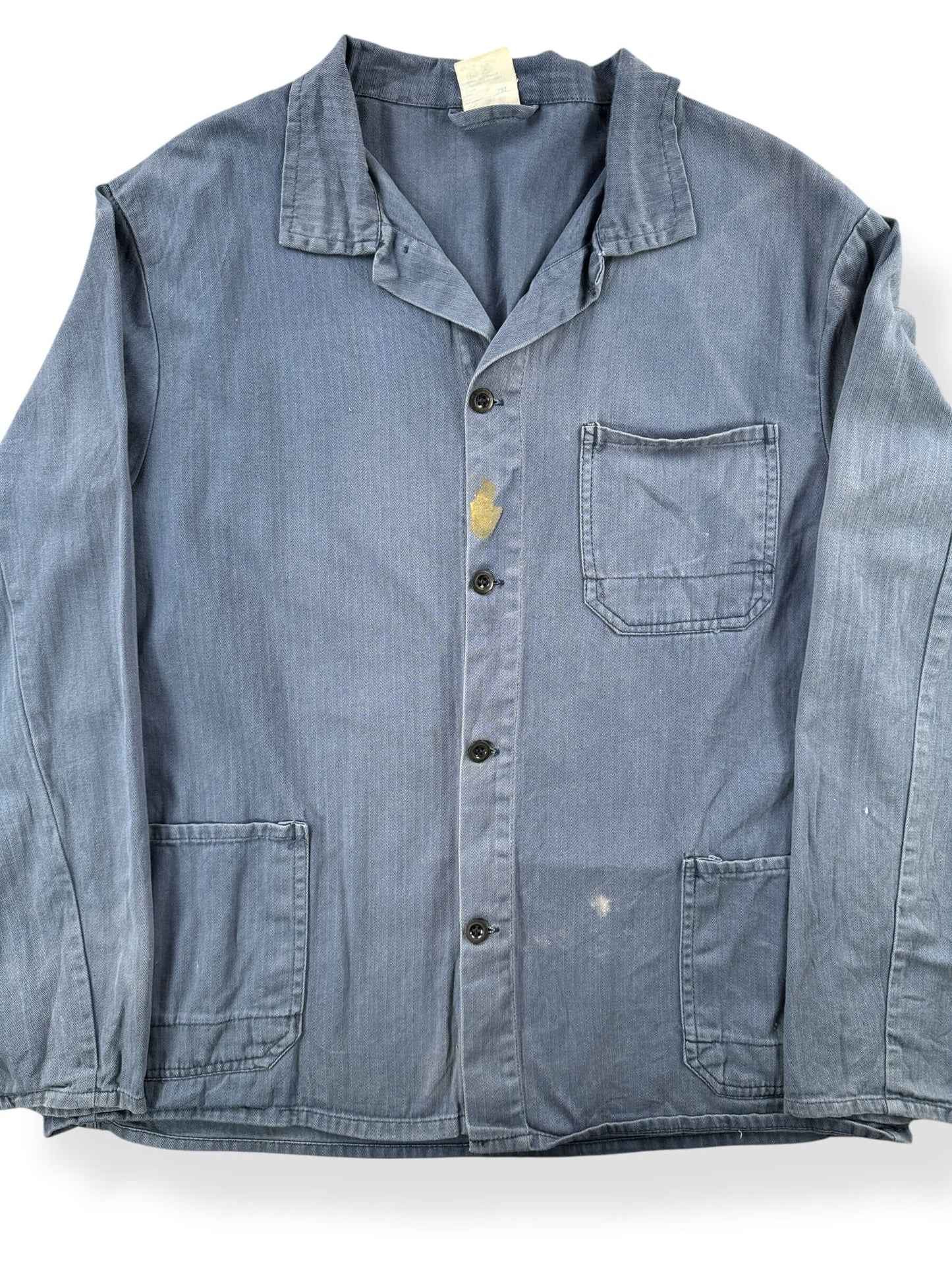 Front Close Up of Vintage HBT French Chore Coat SZ L AS IS