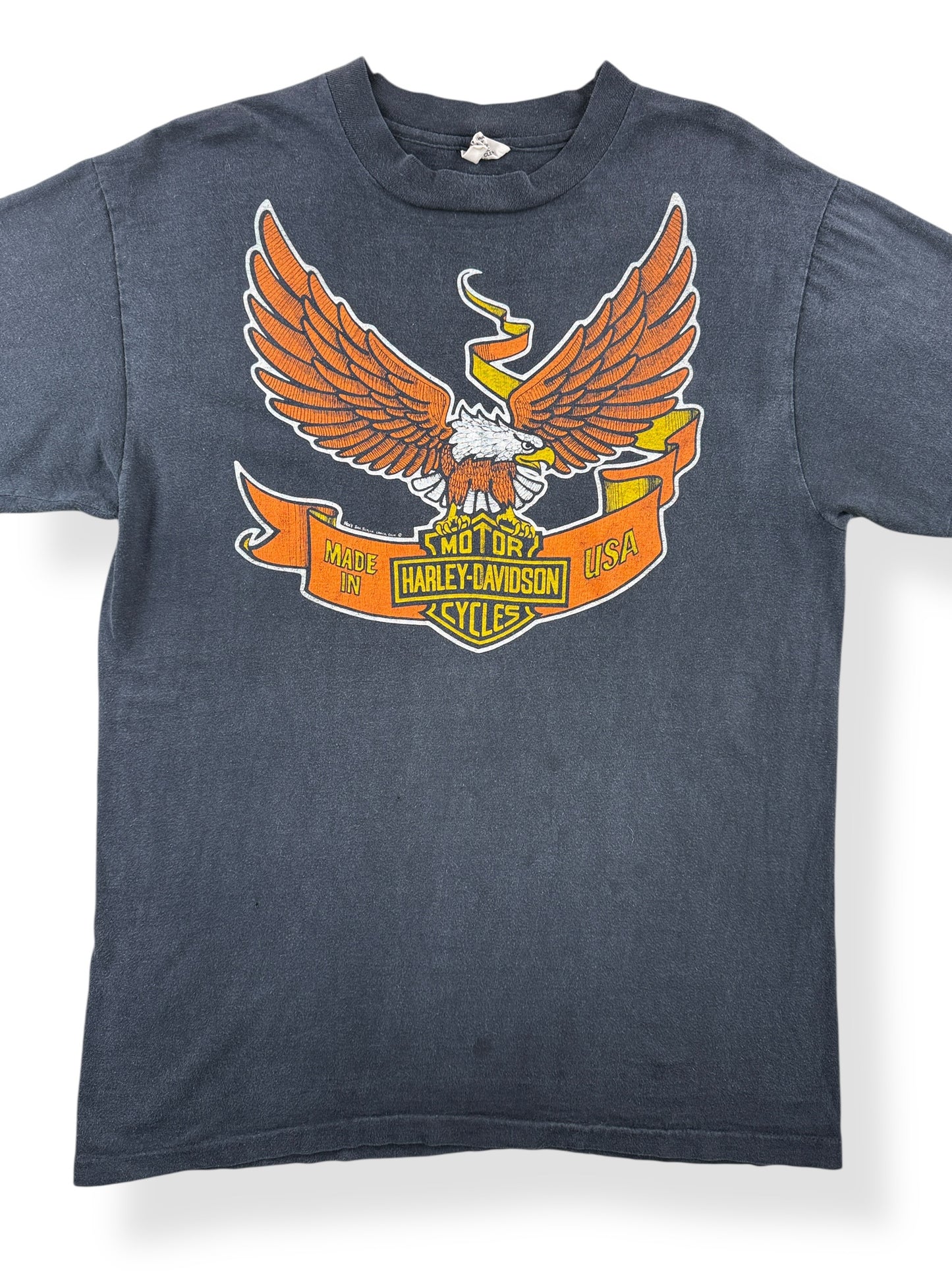 Front Close Up of Vintage 70s/80s Era Harbor City Harley Davidson Tee SZ L (Fits M)