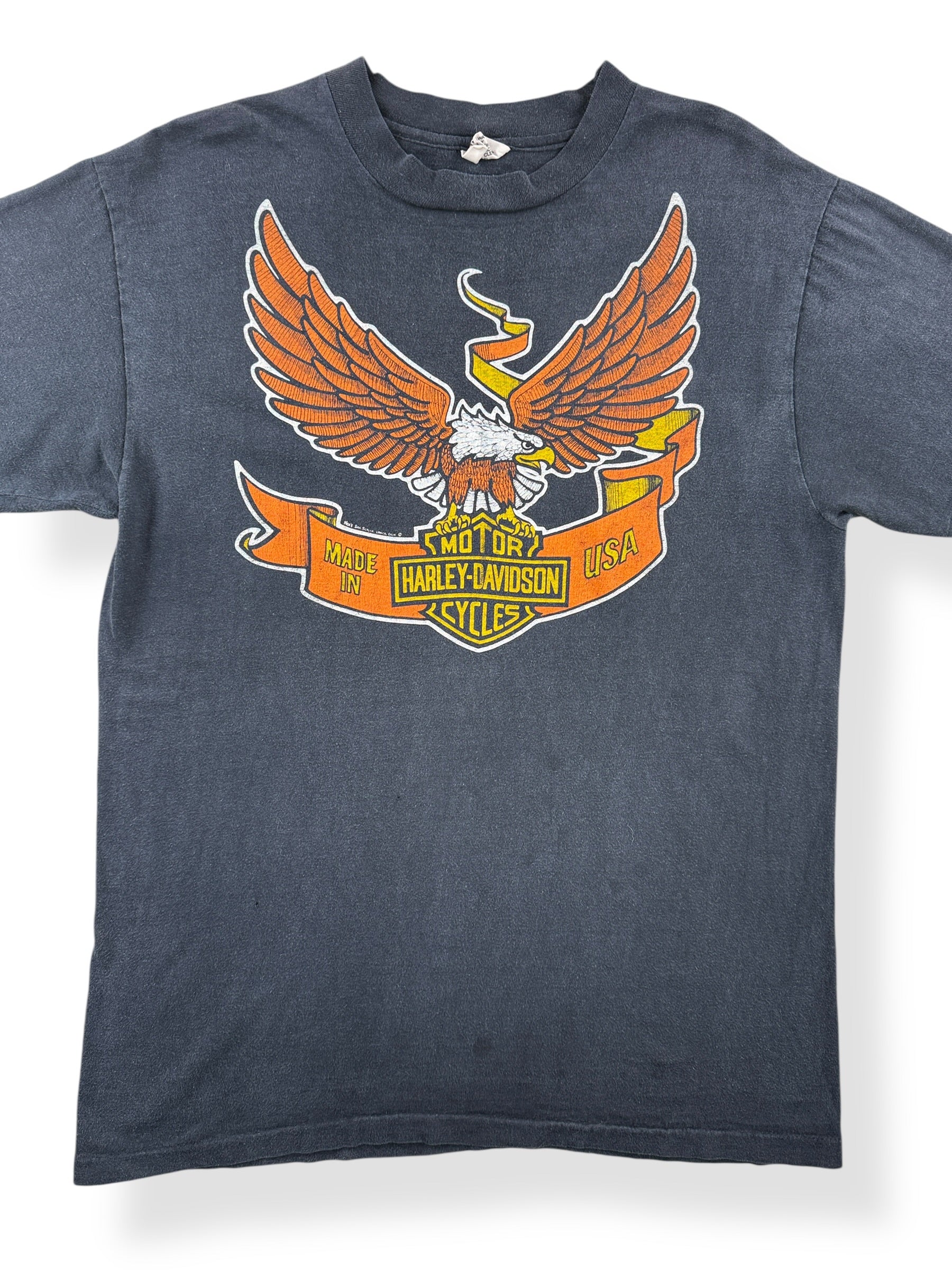 Front Close Up of Vintage 70s/80s Era Harbor City Harley Davidson Tee SZ L (Fits M)