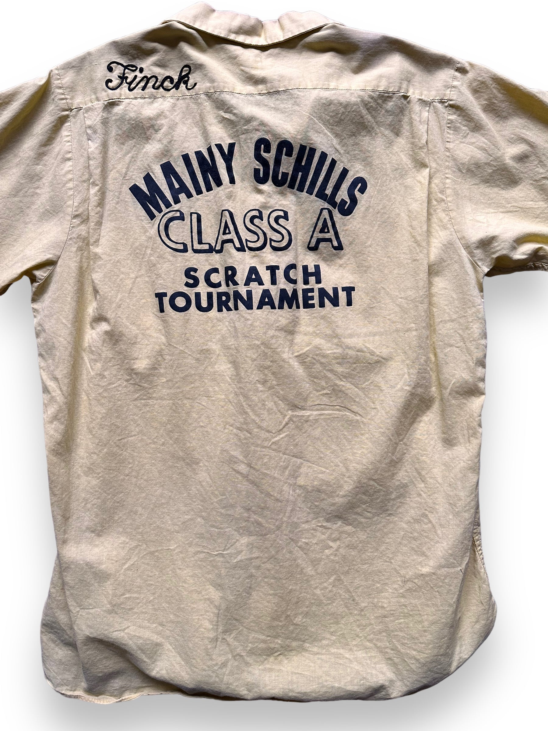 back close up of Vintage Mainy Schills Class A Scratch Tournament Bowling Shirt SZ L | Vintage Bowling Shirt Seattle | Barn Owl Vintage Seattle