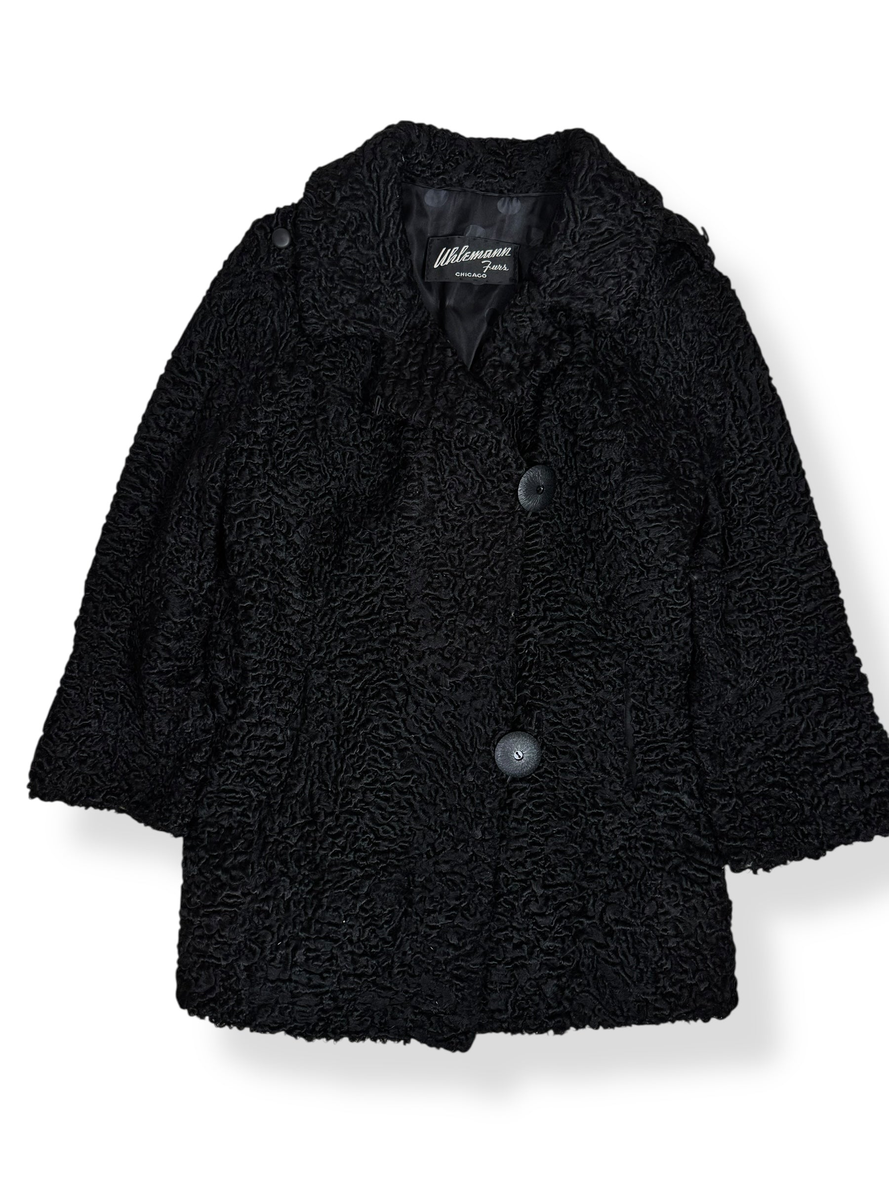 Front view of 1960s Uhlemann Furs Curly Lamb Coat L