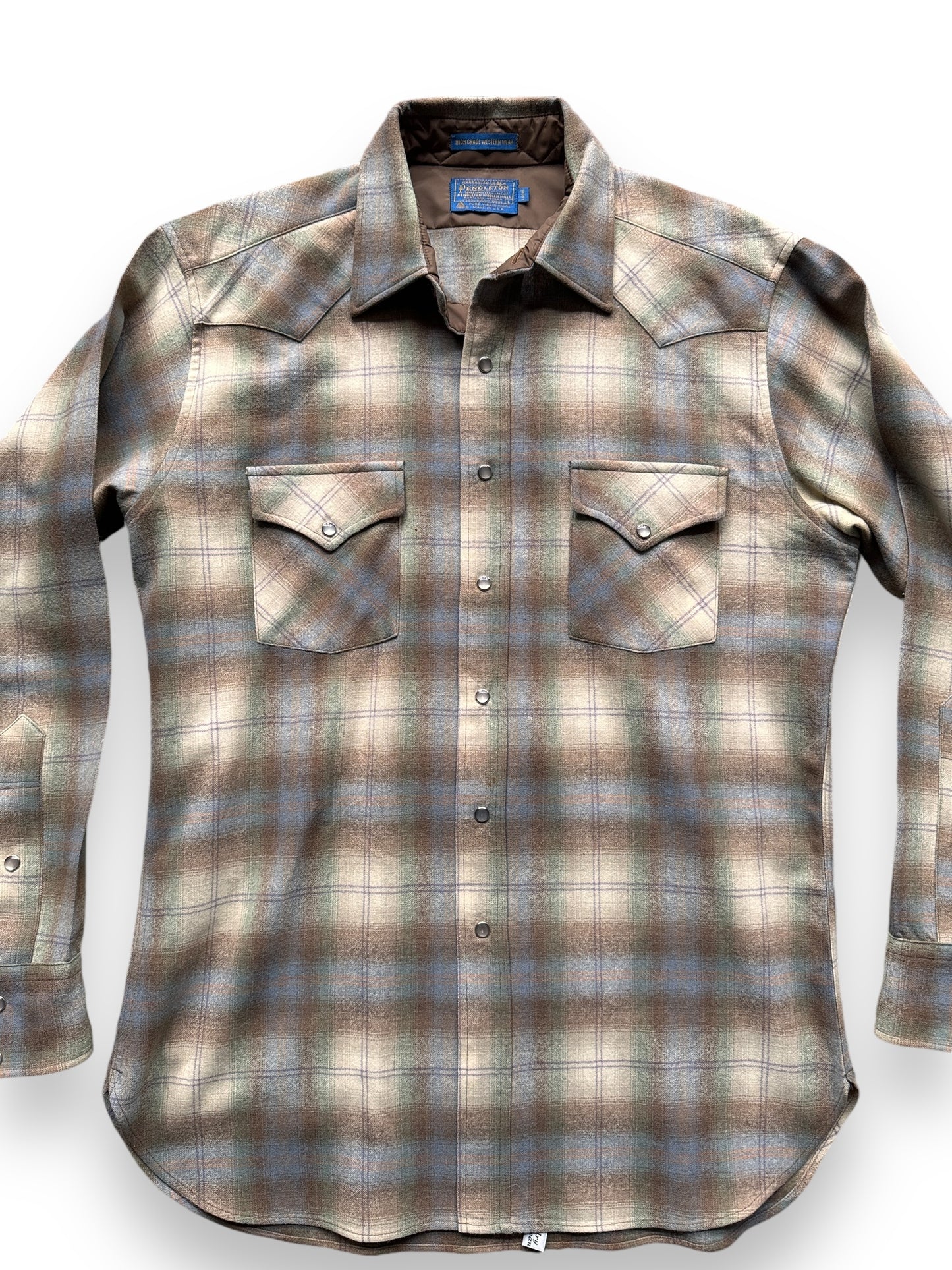 front close up of Vintage Pendleton Blue/Brown/Green Shadowplaid Wool Western Flannel SZ L