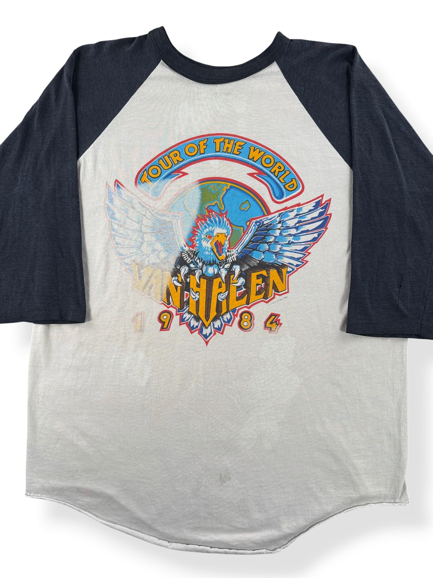 Front Close Up of Vintage 1984 Van Halen Raglan Band Tee SZ XL