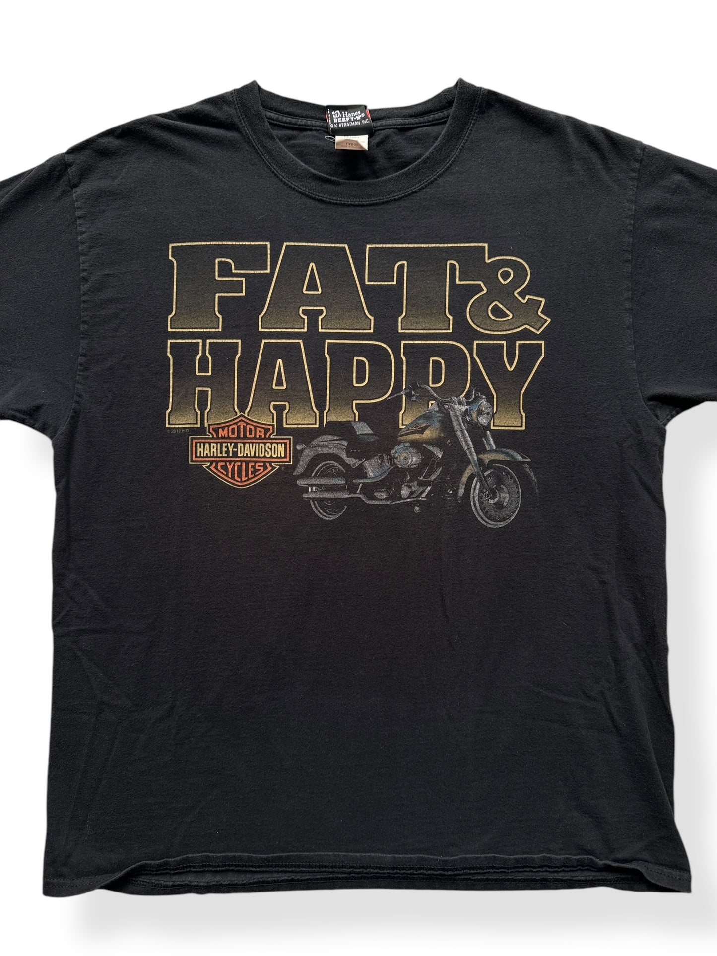 Front Close Up of Fat and Happy Williamsport Harley Davidson Motorcycle Tee SZ L