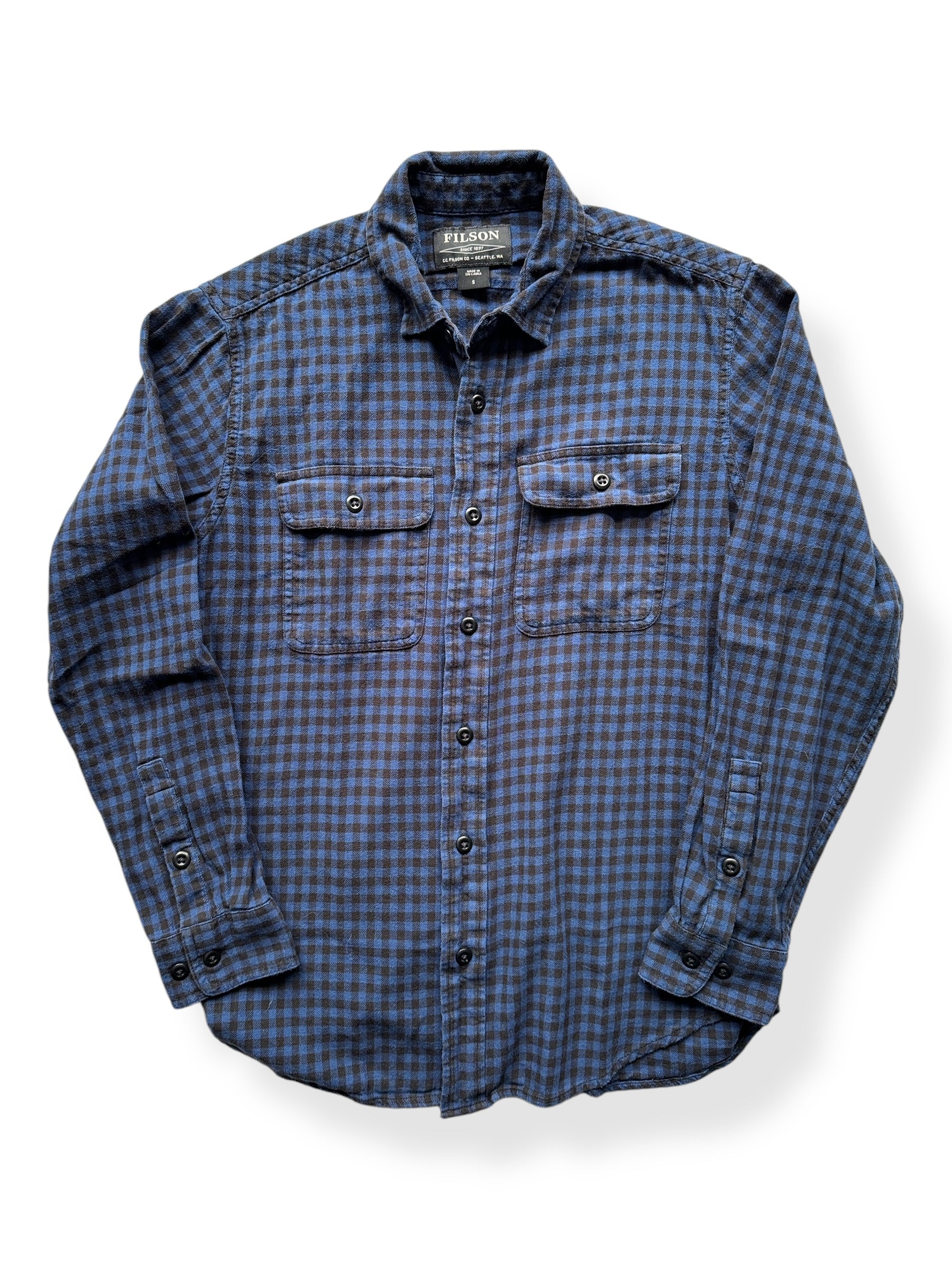 Front of Filson Blue Black Cotton Flannel Shirt SZ S