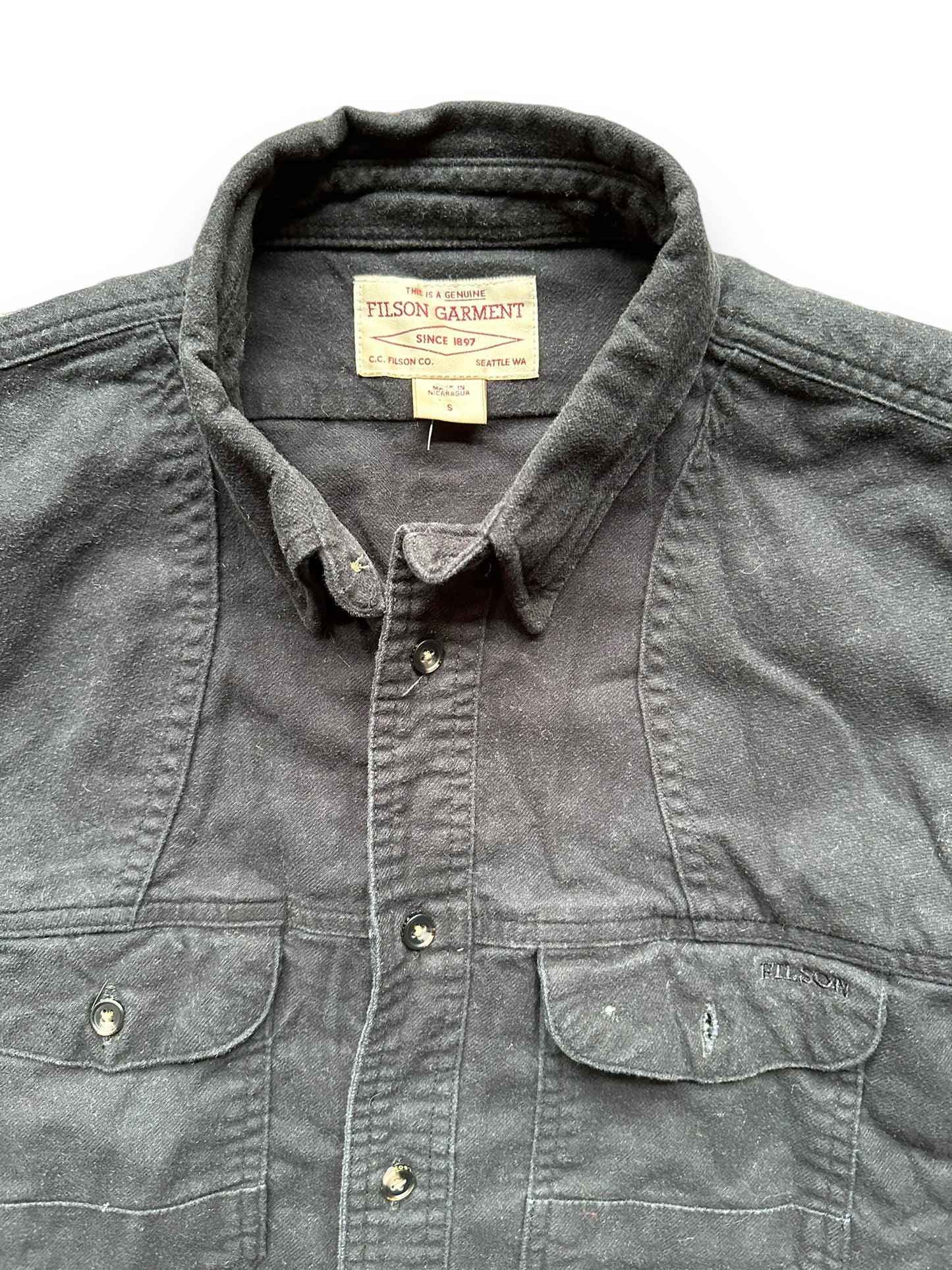 Collar of Filson Black Moleskin Shirt |  Barn Owl Vintage Goods | Vintage Filson Workwear Seattle