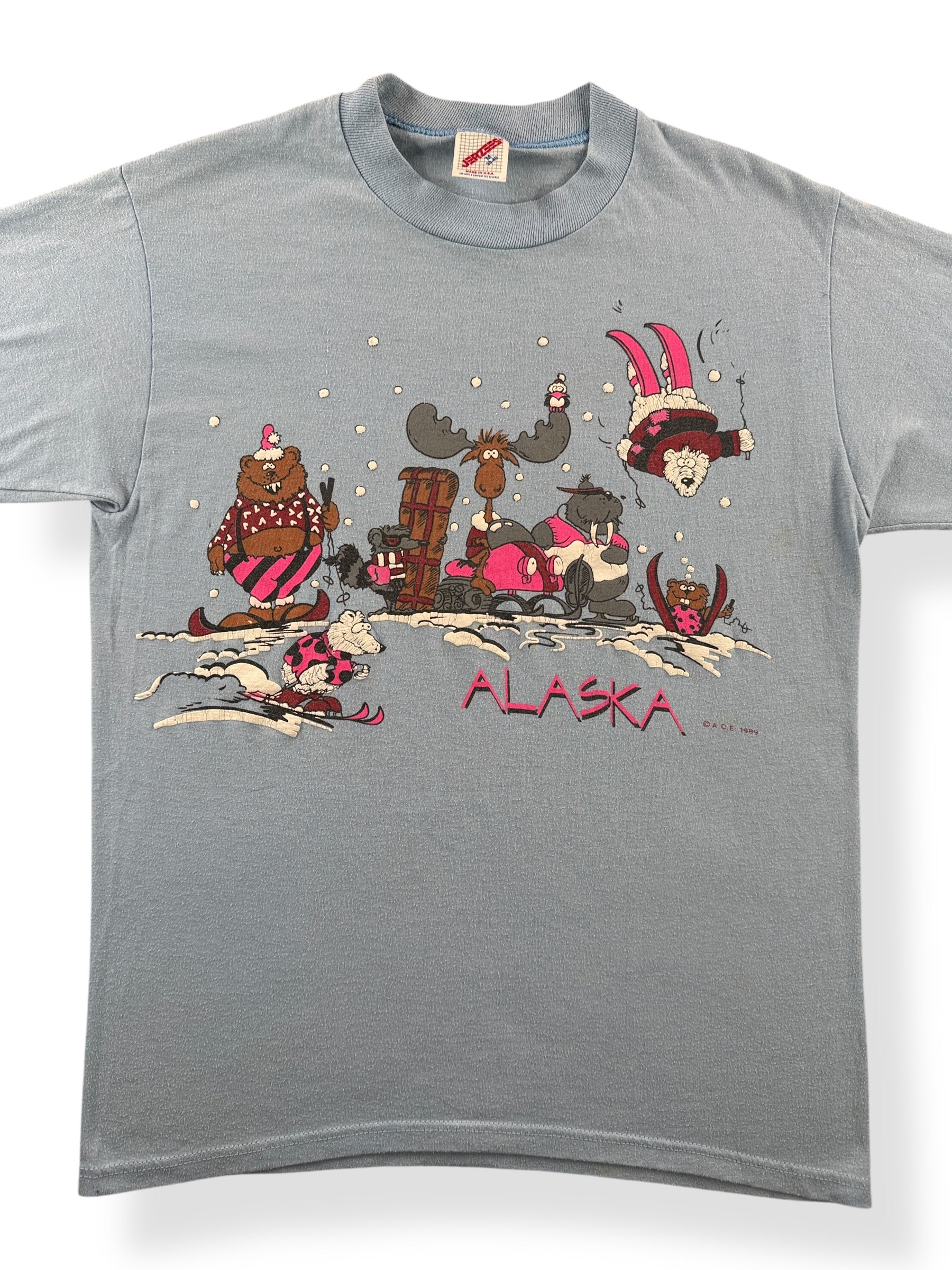 Front Close Up of Vintage Alaska Animal Skiing Tee SZ M (Fits S)