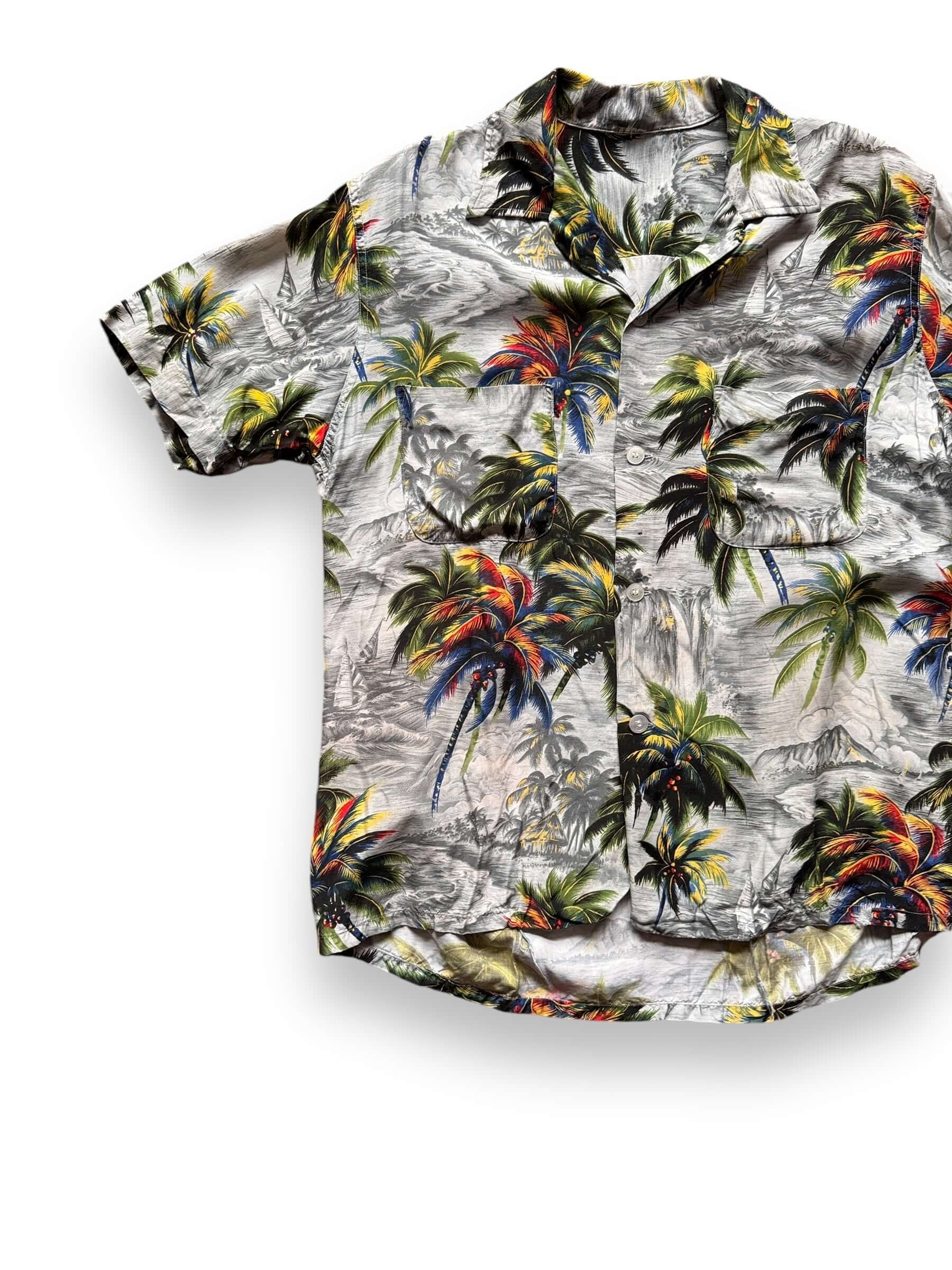 Front Right View of Vintage Tropical Tree Themed Aloha Shirt SZ M