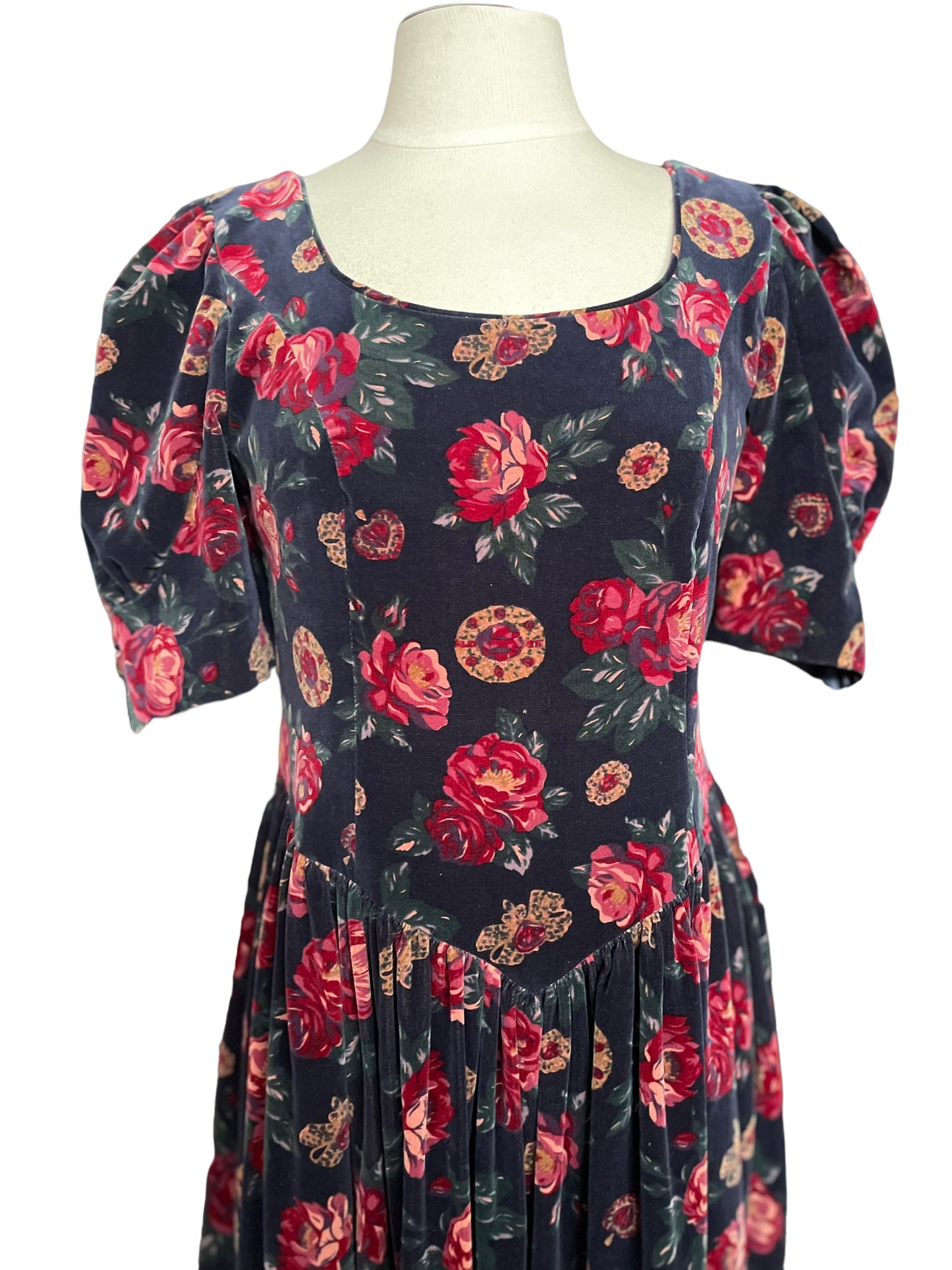 Front top view of Vintage 1980s Laura Ashley Floral Velvet Dress | Seattle True Vintage Dresses | Barn Owl Vintage Ladies