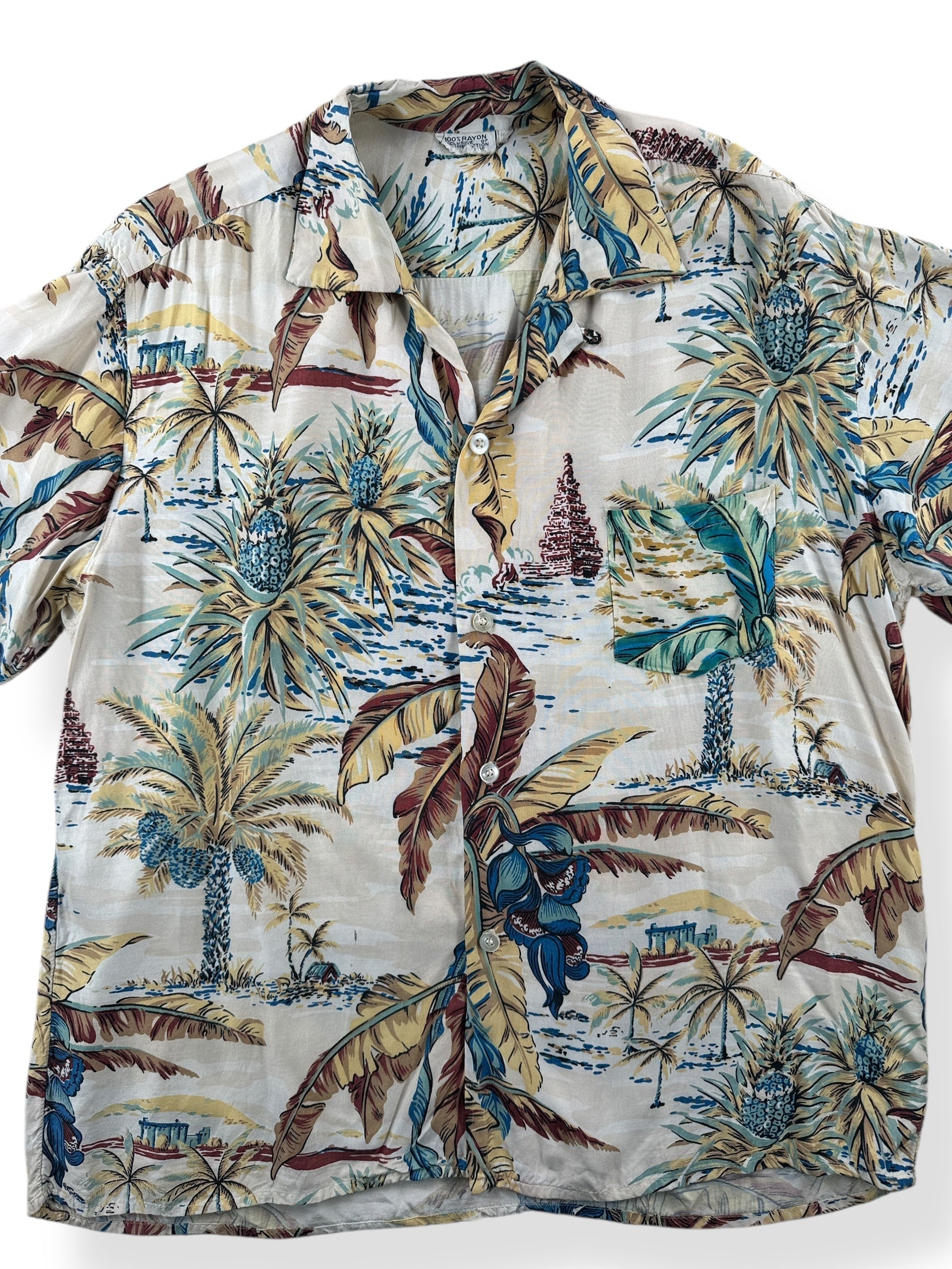 Front Close Up of Vintage Rayon Floral Aloha Shirt SZ L