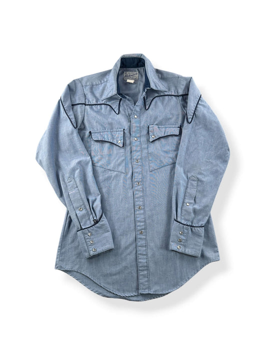 Front of Vintage Rockmount Ranch Wear Pearl Snap Chambray SZ 14 1/2