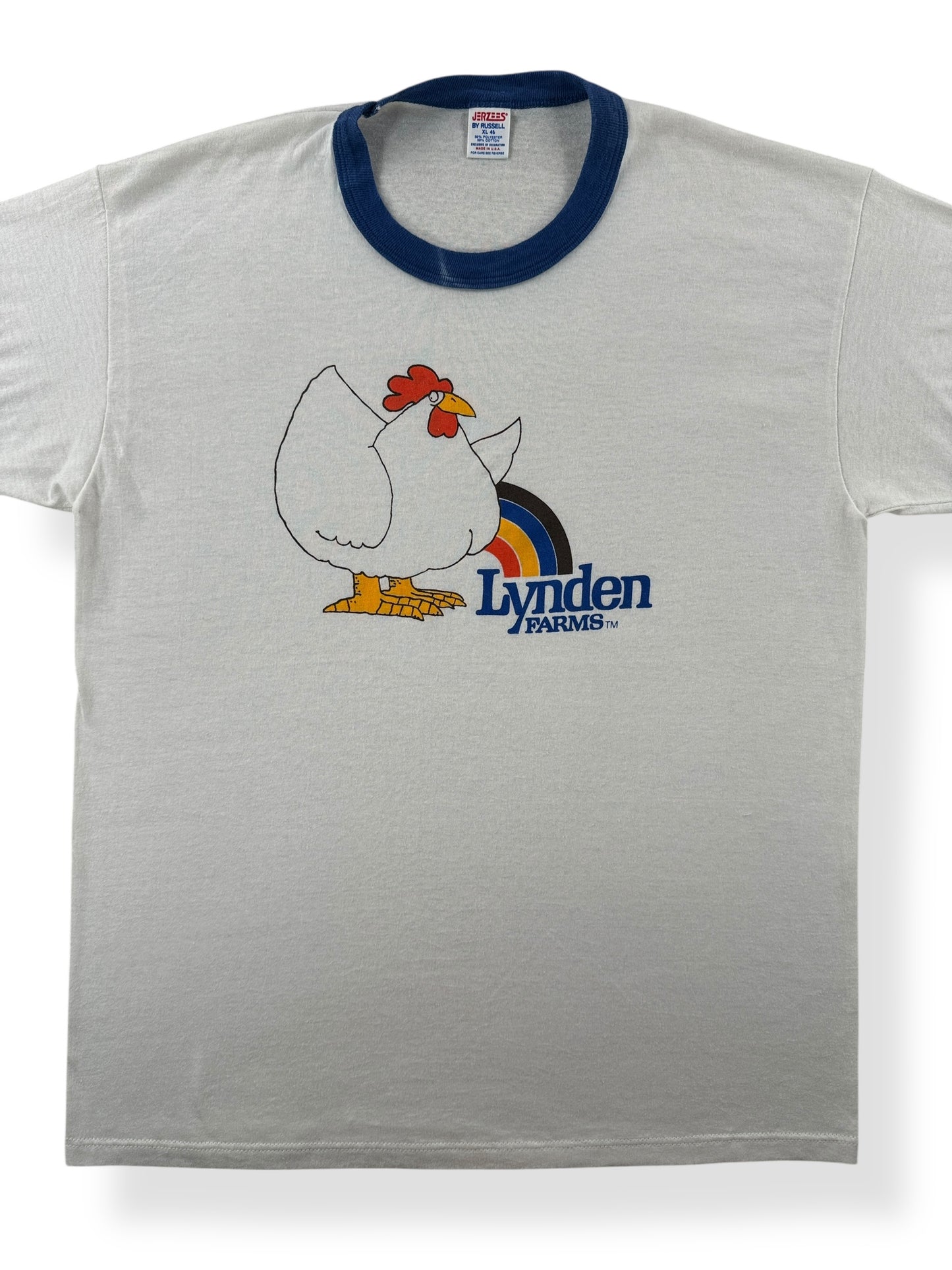Front Close Up of Vintage Lynden Farms Chicken Ringer Tee SZ L