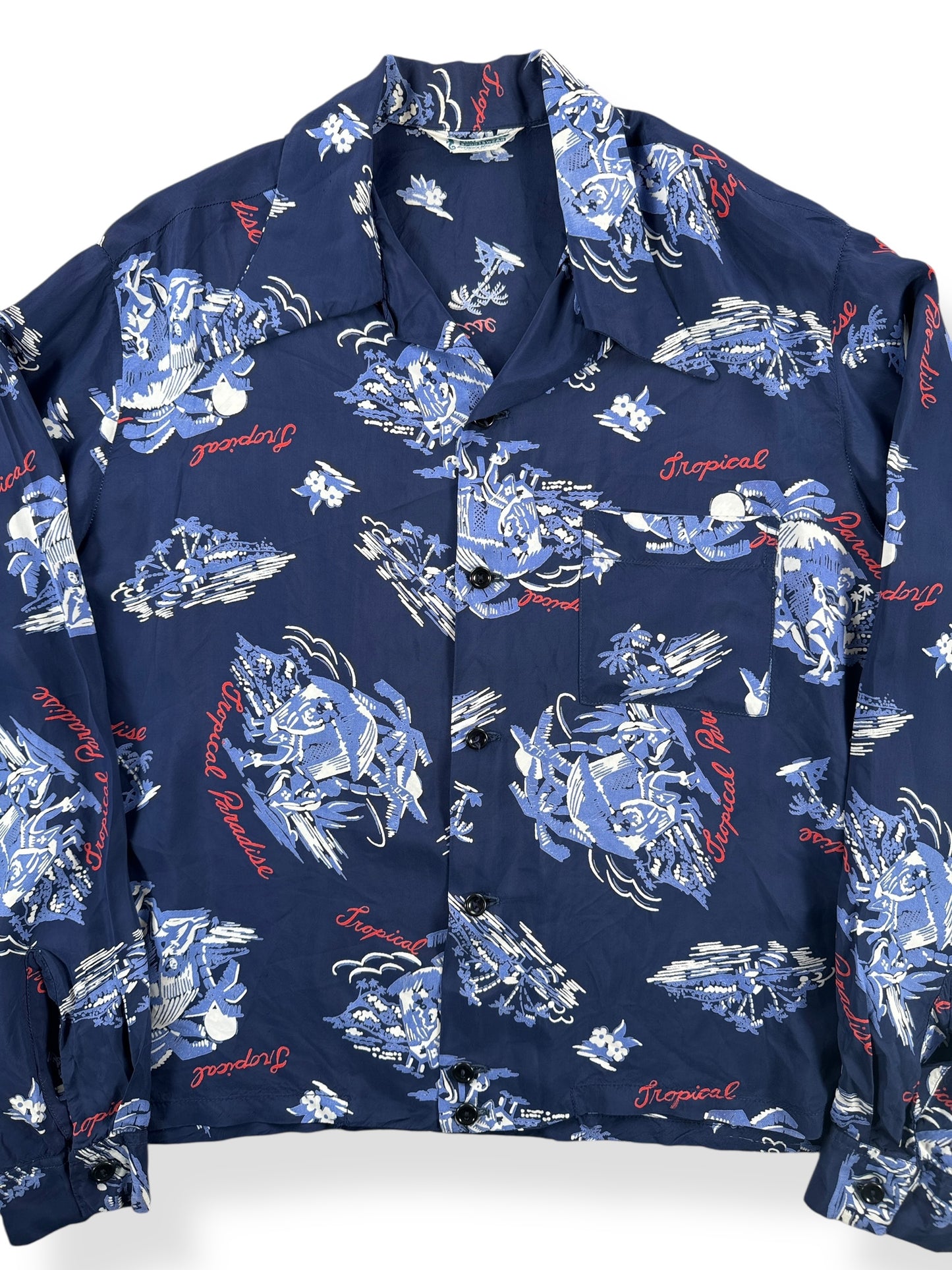 Front Close Up of Vintage Long Sleeve Driftwood Aloha Shirt SZ L
