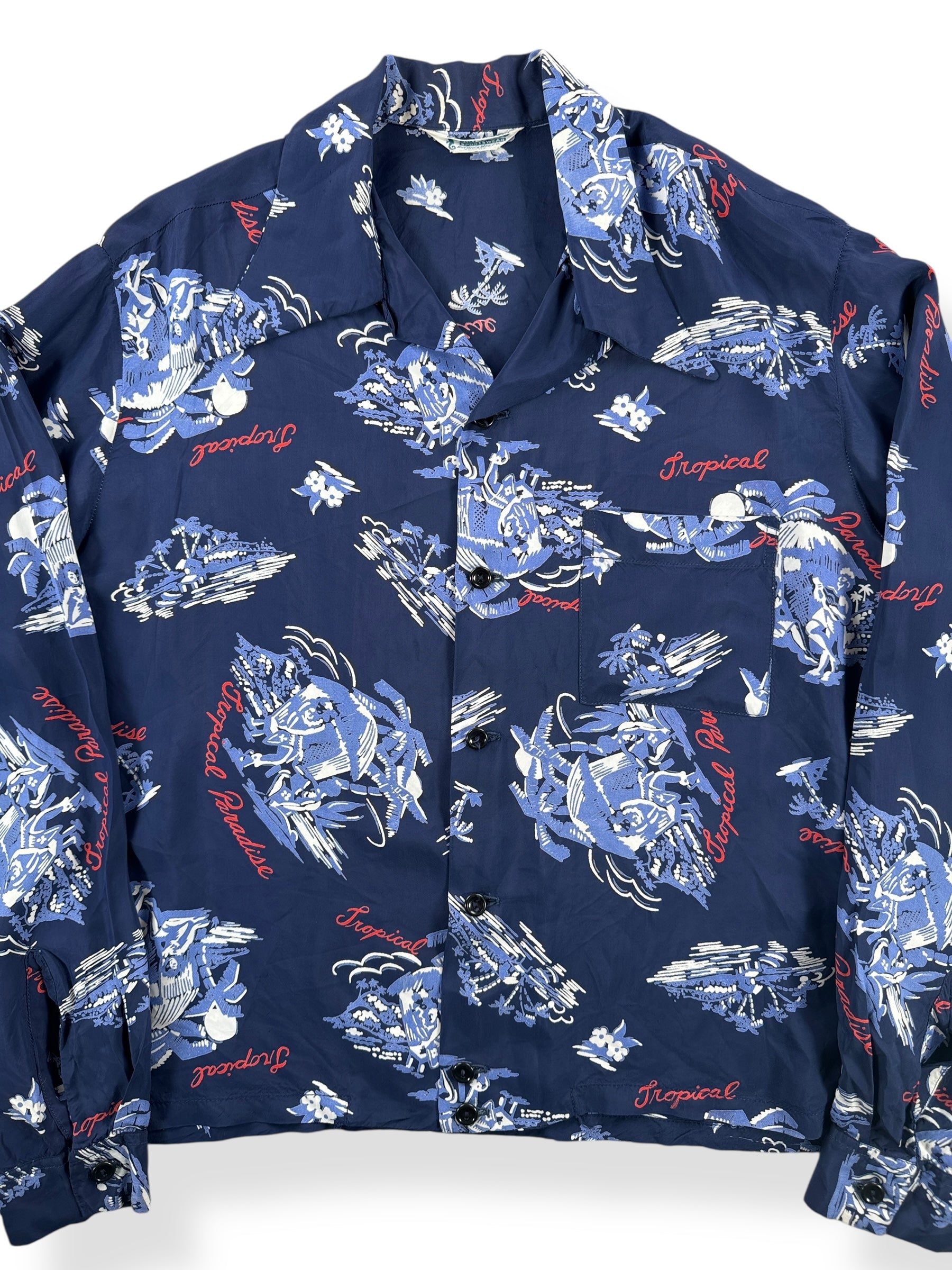 Front Close Up of Vintage Long Sleeve Driftwood Aloha Shirt SZ L