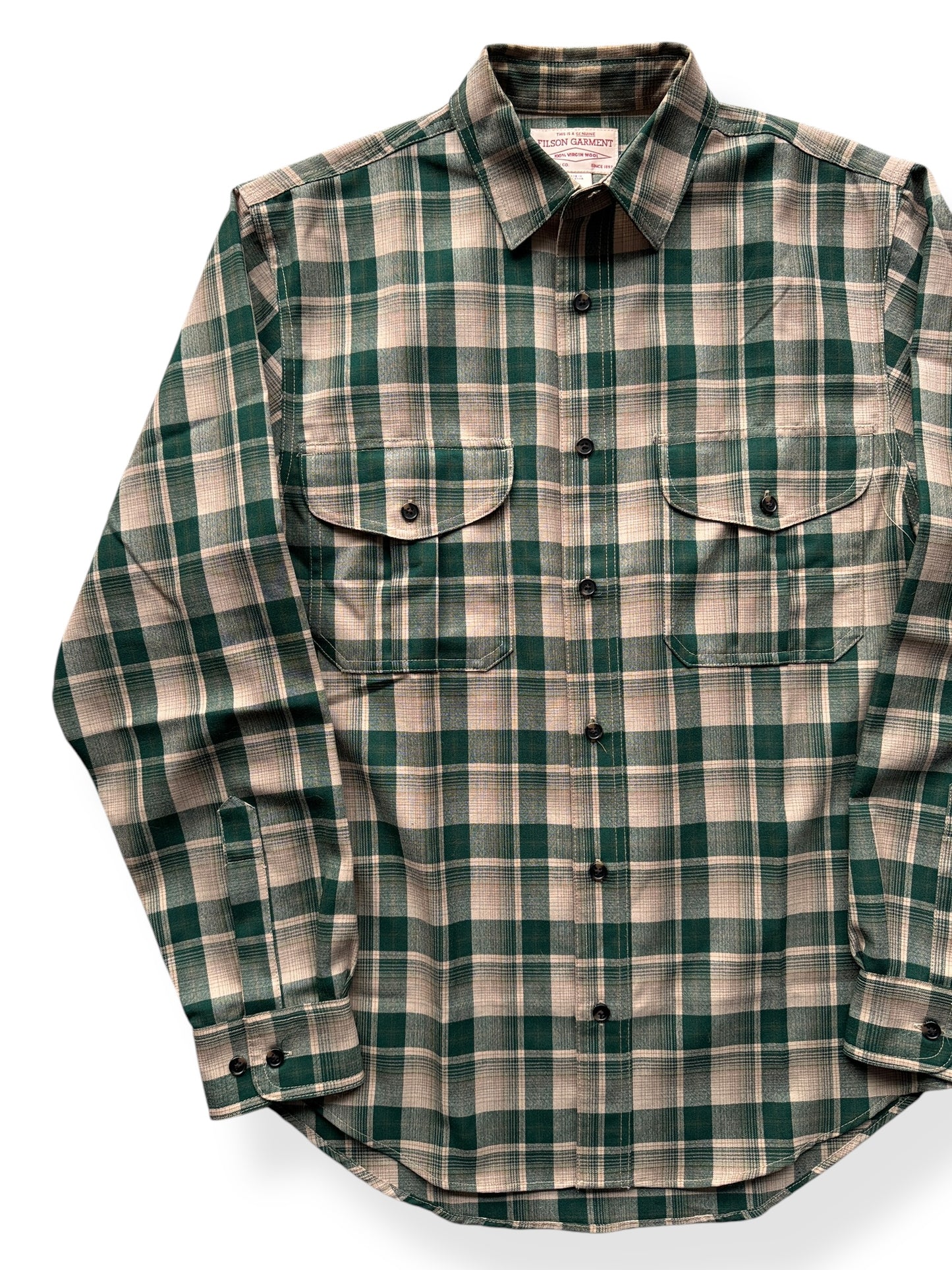 Front Right of Filson Merino Wool Green Tan Plaid Guide Shirt SZ S