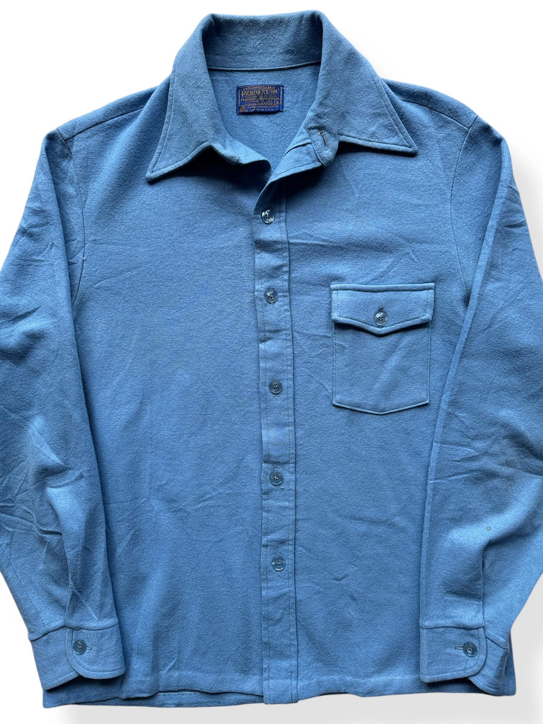 Front Close Up of Vintage Pendleton Light Blue Flannel SZ L