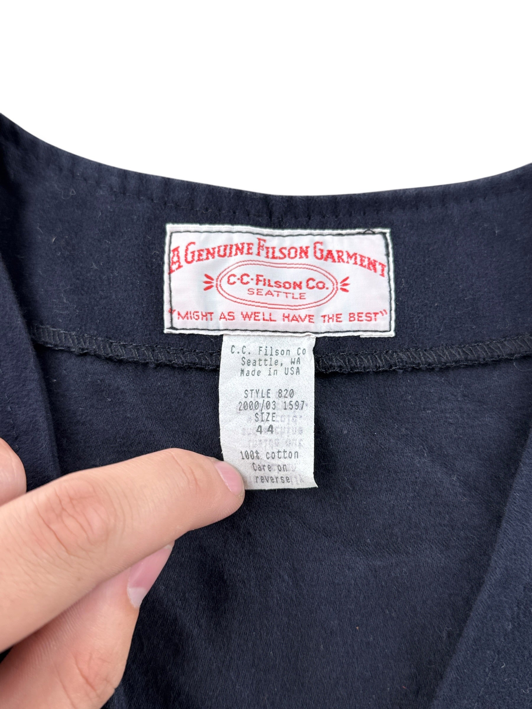 Tags on Filson Navy Moleskin Vest SZ 44