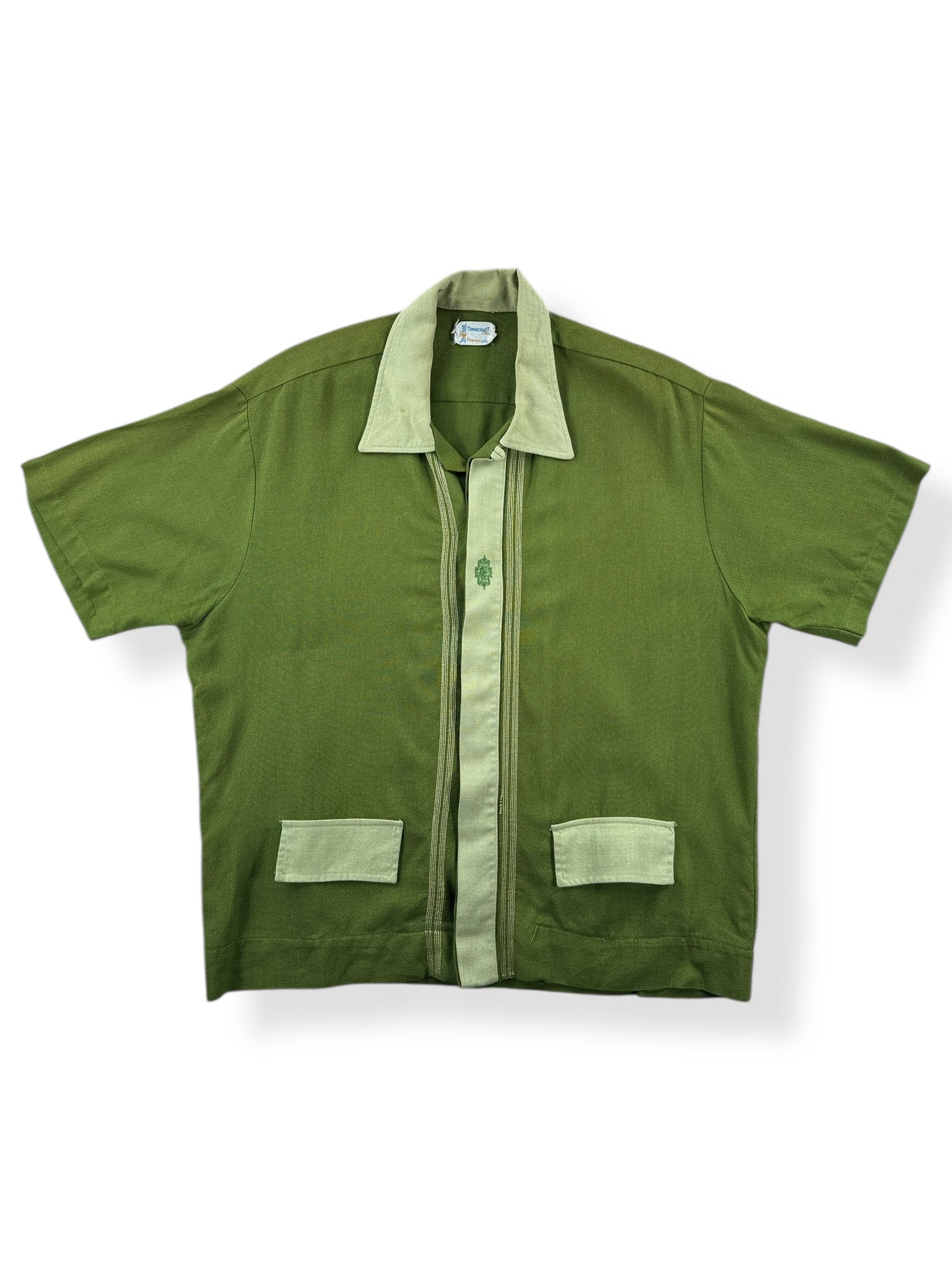 Front of Vintage Penney's Towncraft Rayon Two Tone Green Shirt Jac SZ L