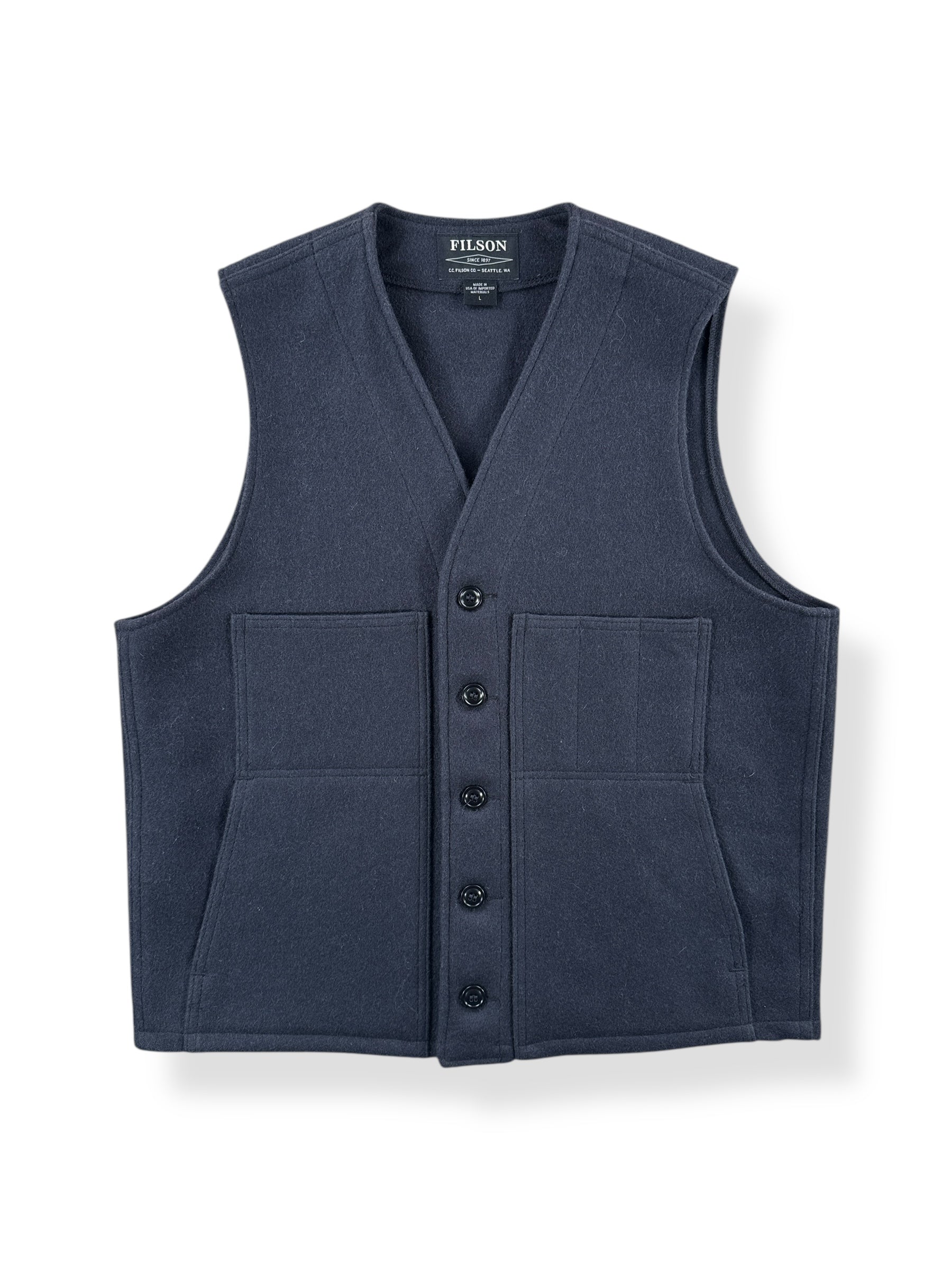 Front of Filson Navy Wool Vest SZ L