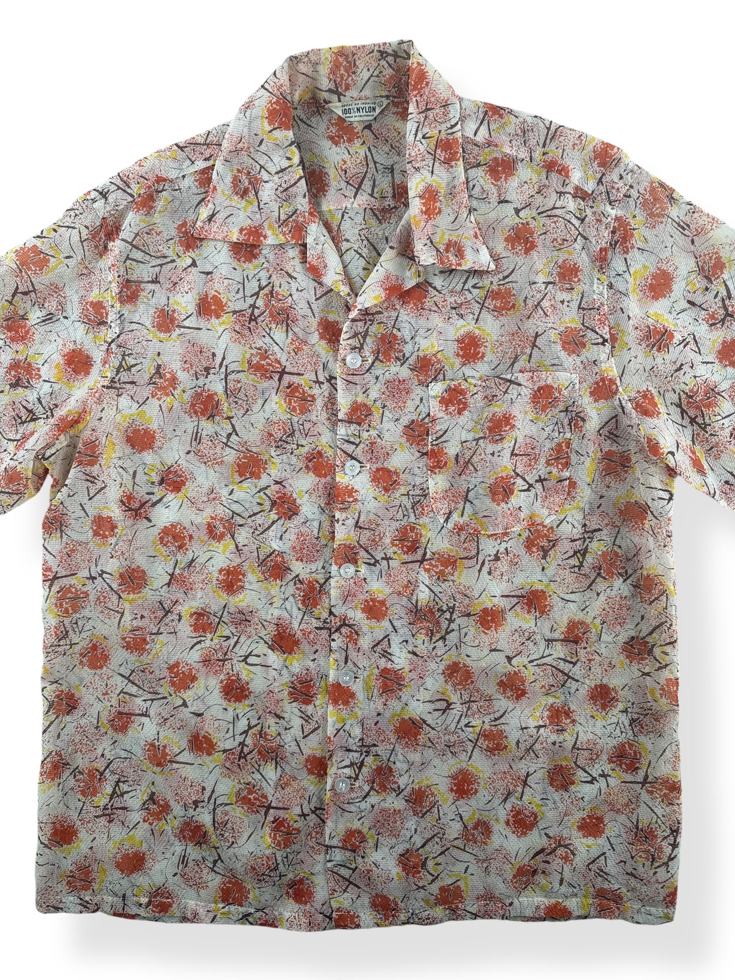 Front Close Up of Vintage 100% Nylon Crepe Loop Collar Shirt SZ L