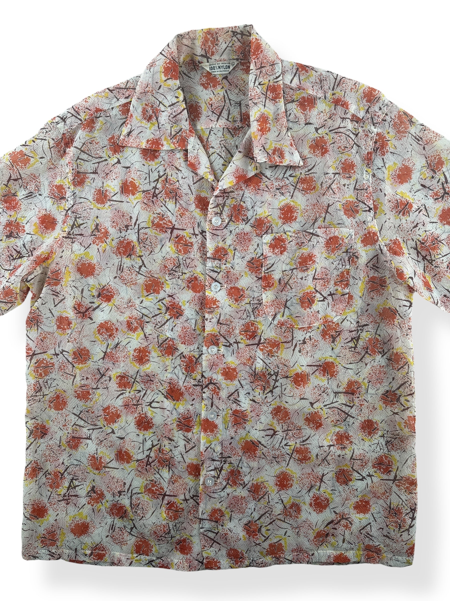 Front Close Up of Vintage 100% Nylon Crepe Loop Collar Shirt SZ L