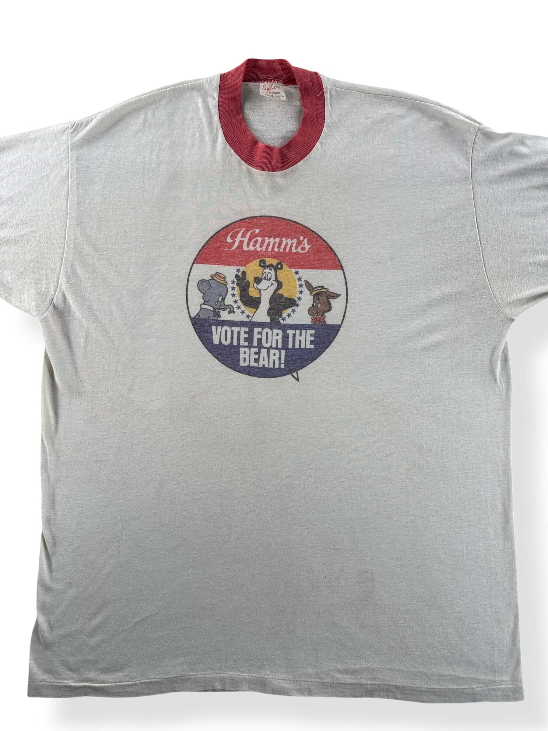 Front Close Up of Vintage Hamms Vote for the Bear Faded Ringer Tee SZ XL (Fits L)