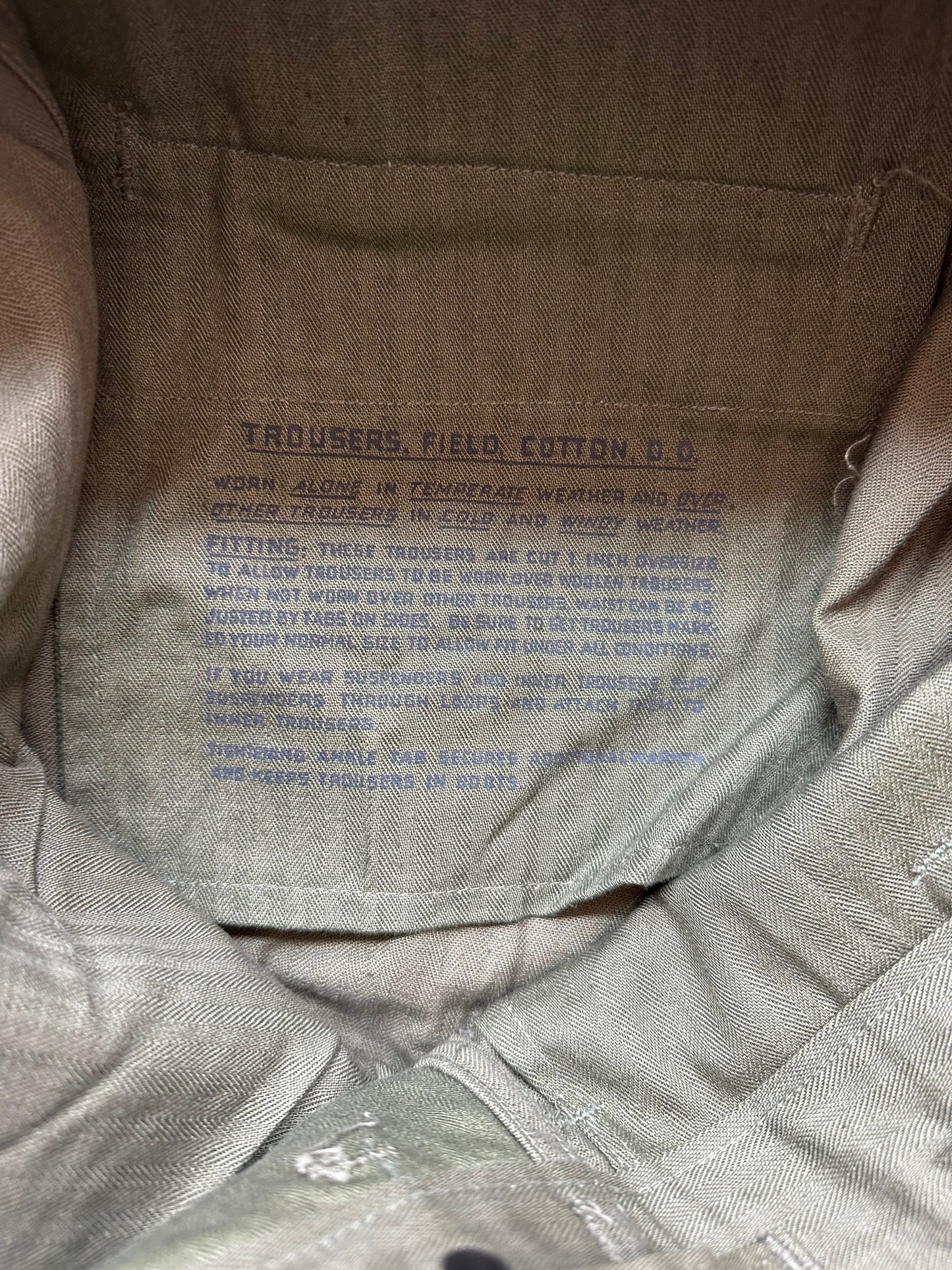 Label on Vintage WWII M-43 HBT Field Cotton Trousers Olive Drab W34 | Barn Owl Vintage Seattle | Vintage Military Trousers Seattle