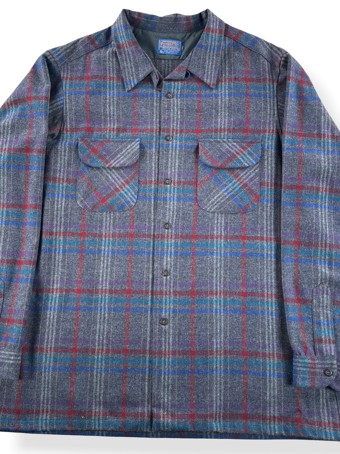 Front Close Up of Vintage Pendleton Grey & Purple Board Shirt SZ XXXL