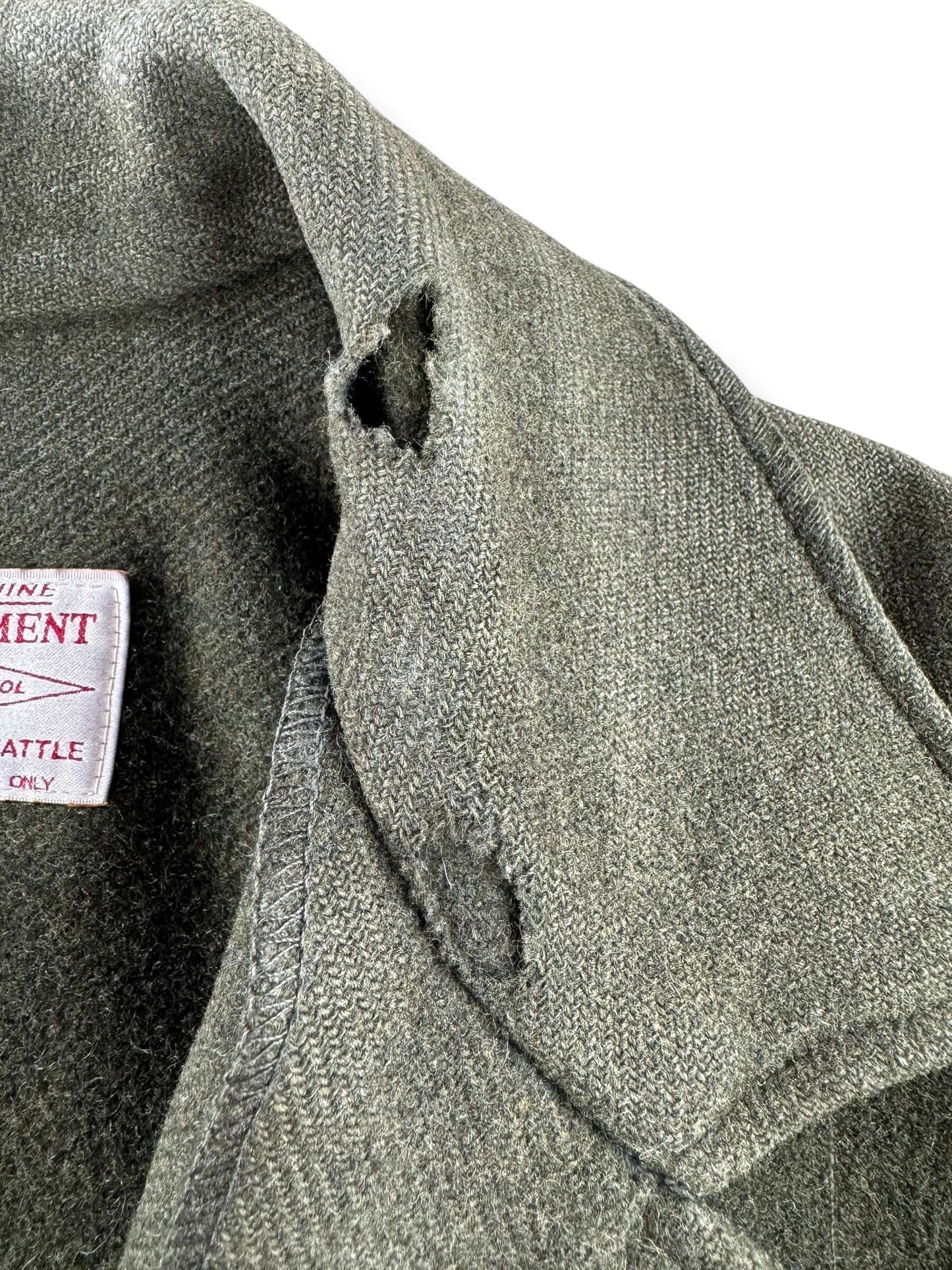 Holes on Vintage 90s Era Filson Olive Green Double Mackinaw Jacket SZ 48