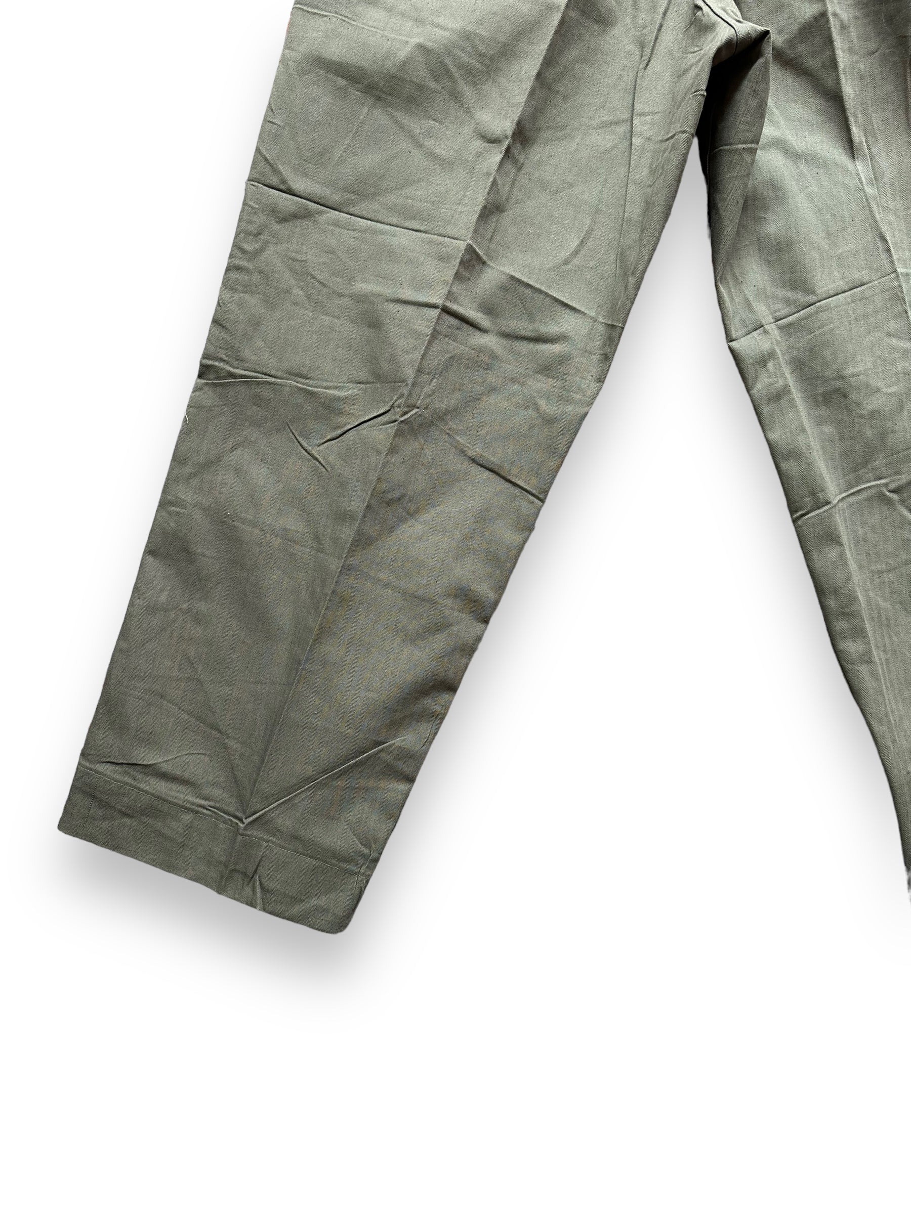 Rear Left Lower View of Vintage WWII M-43 HBT Field Cotton Trousers Olive Drab W34 | Barn Owl Vintage Seattle | Vintage Military Trousers Seattle
