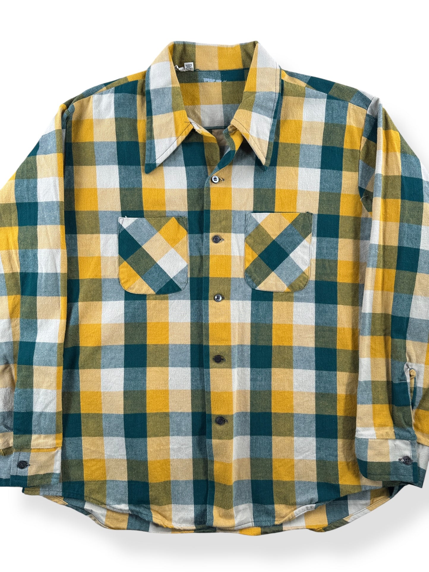 Front Close Up of Vintage Green and Yellow Cotton Flannel SZ XL