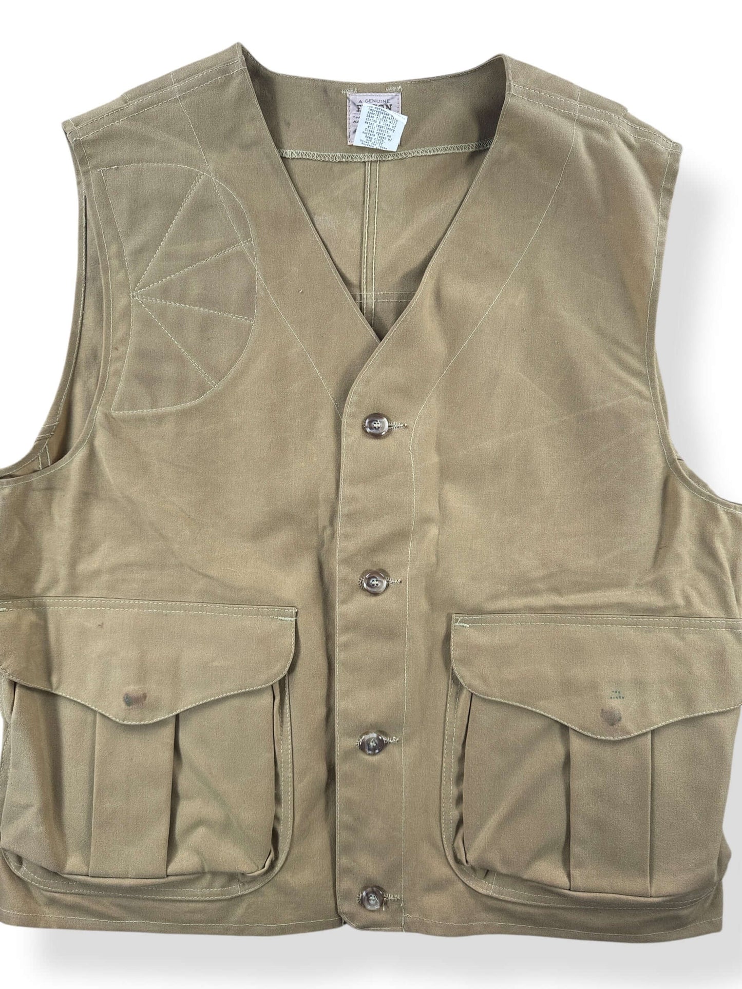 Front Close Up of Vintage Filson Dry Tin Hunting Vest SZ XL
