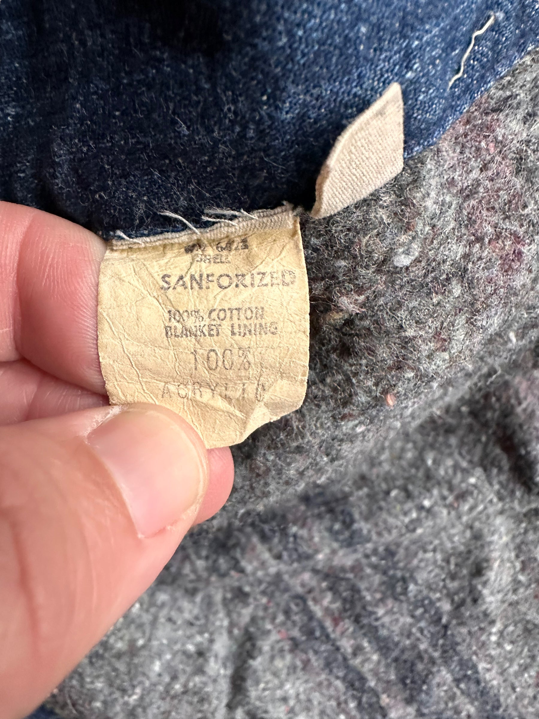 Tag Close Up on Vintage Blanket Lined Wrangler Blue Bell Chore Coat SZ 50 | Vintage Denim Jacket Seattle | Seattle Vintage Clothing