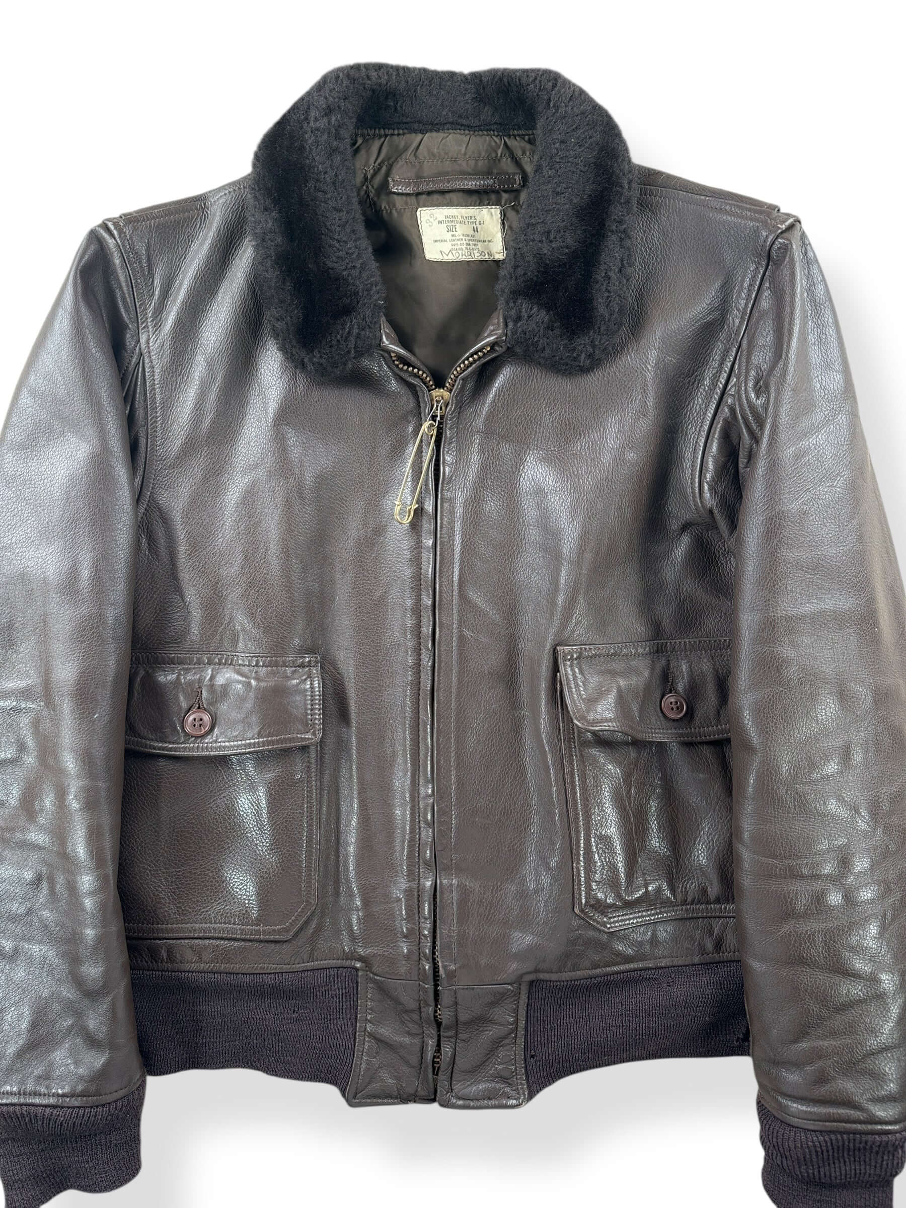 Front Close Up of Vintage 1976 USN G-1 Leather Jacket SZ 44