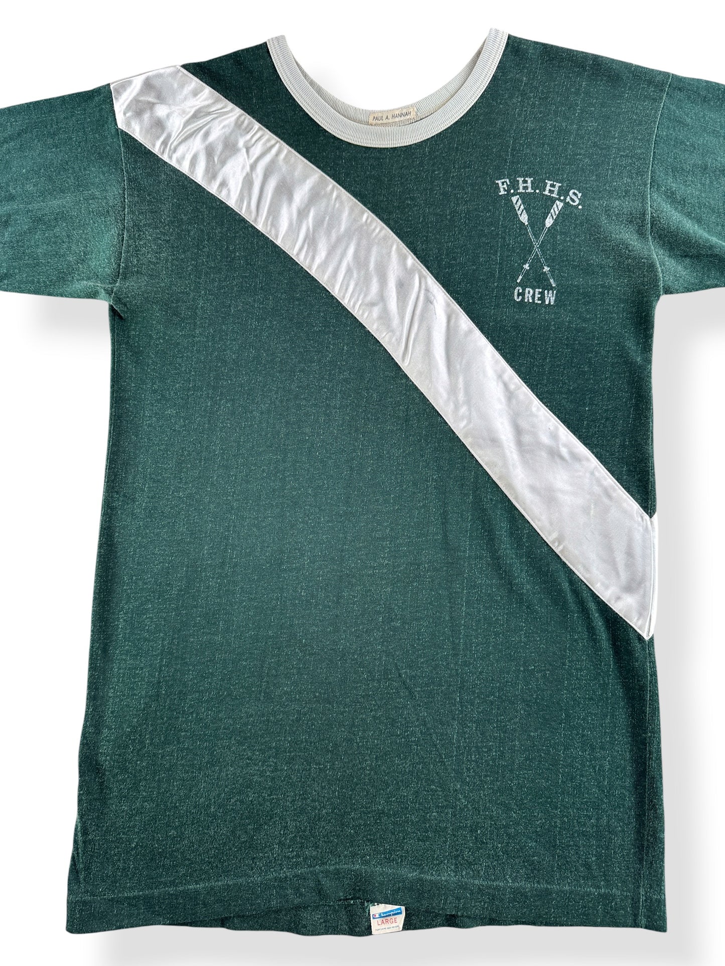 Close-up of Vintage Blue Bar Durene Crew Ringer Tee SZ L (Fits M) 