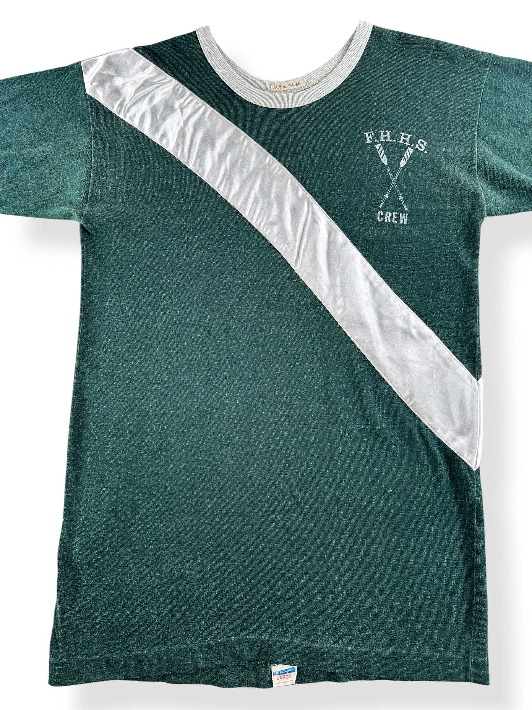 Close-up of Vintage Blue Bar Durene Crew Ringer Tee SZ L (Fits M) 