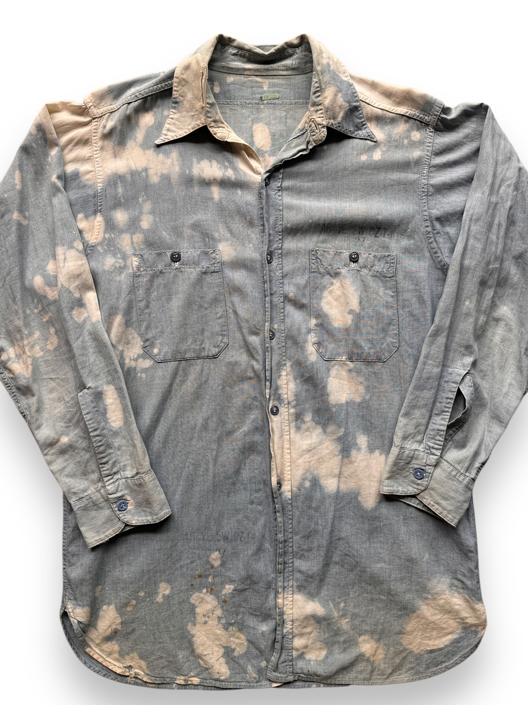 front close up of Vintage Bleach Splattered USN Chambray Shirt SZ XL