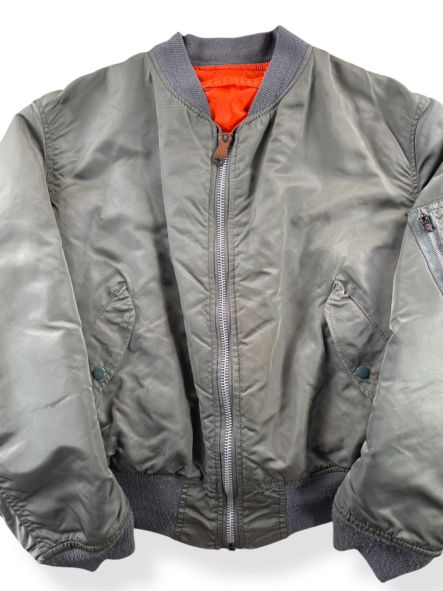 Front Close Up of Vintage Alpha Industries MA1 Bomber Jacket SZ XL