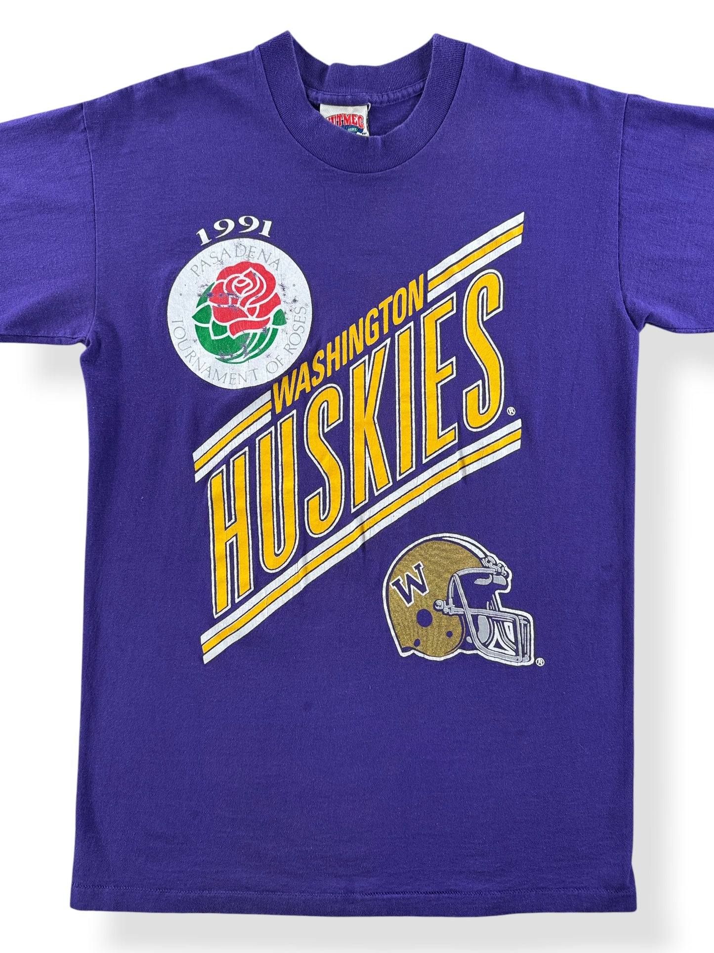 Front Close Up of Vintage 1991 Huskies Rose Bowl Tee SZ M