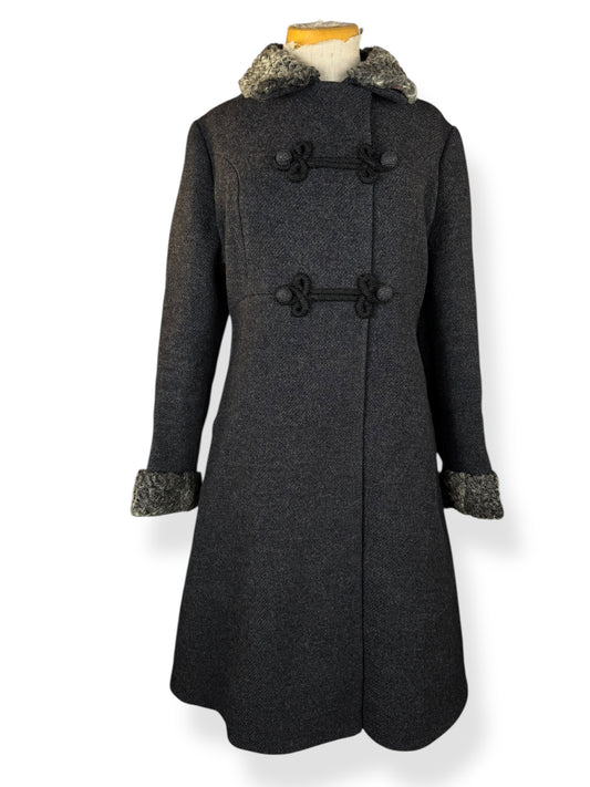 Front view of 1960s Nordstrom's Wool and Lamb's Fur Coat M-L