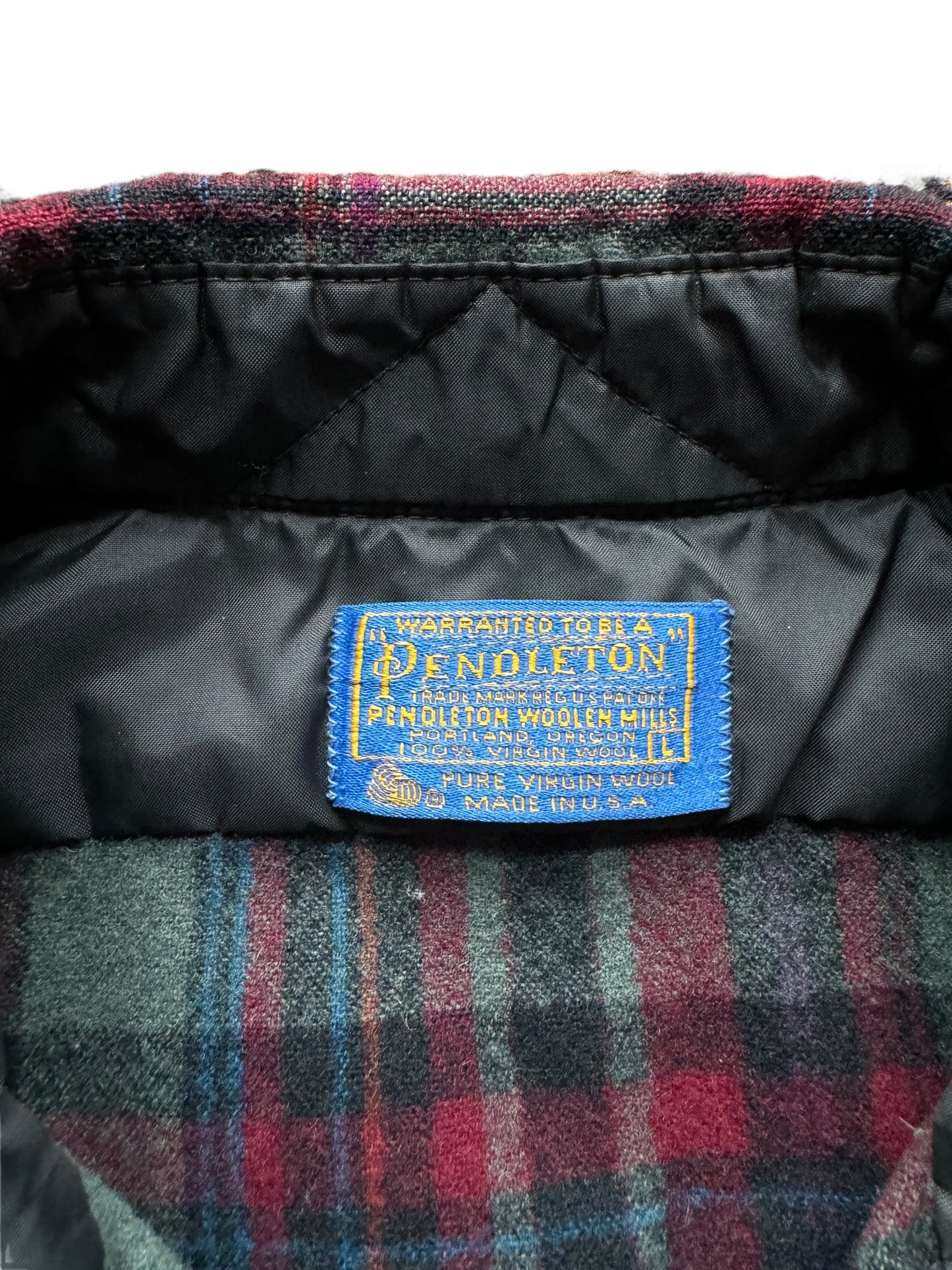 tag on Vintage Pendleton Burgundy/Blue Wool Flannel SZ L