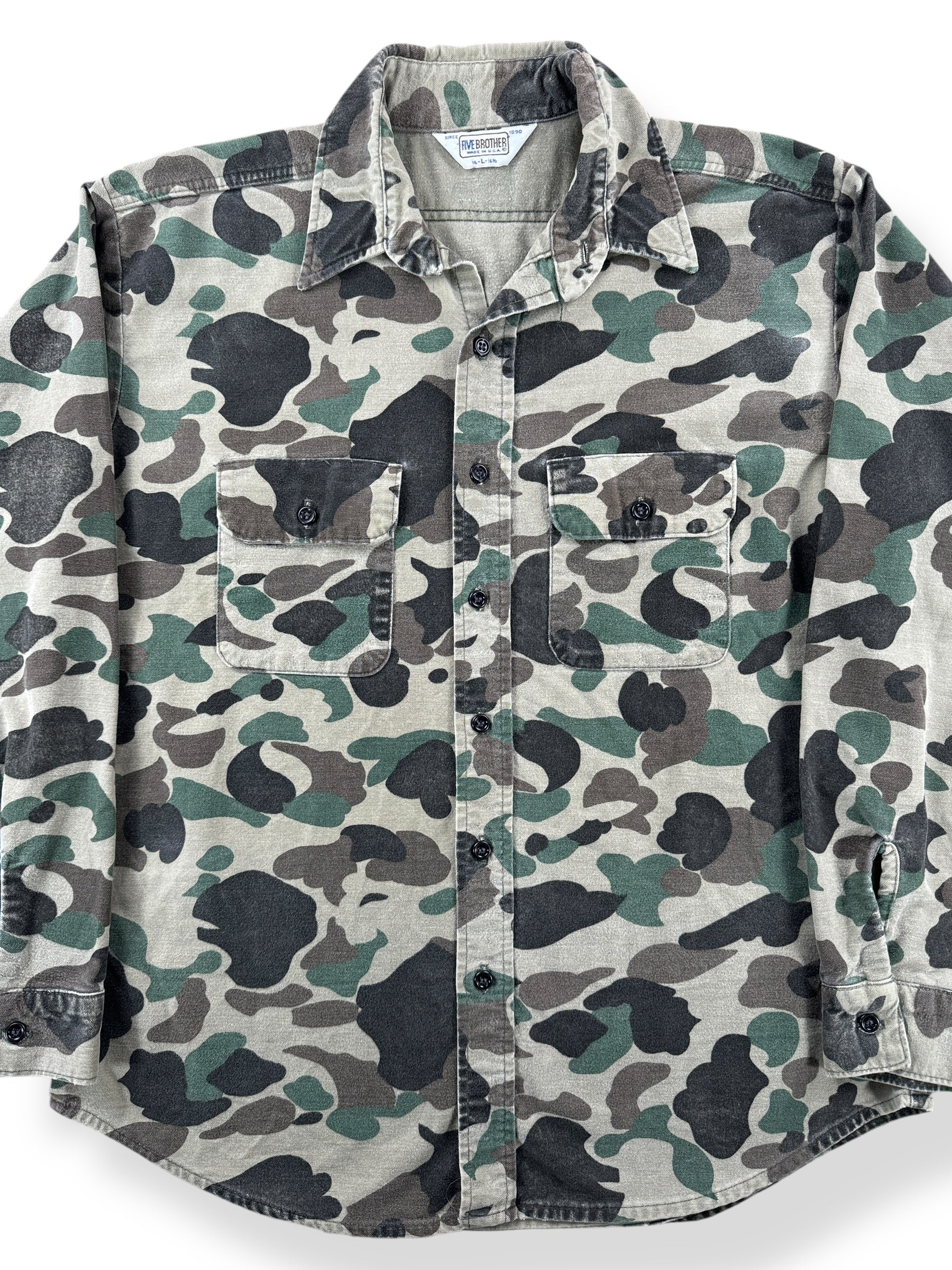 Front Close Up of Vintage 5 Brother Camo Chamois Shirt SZ L