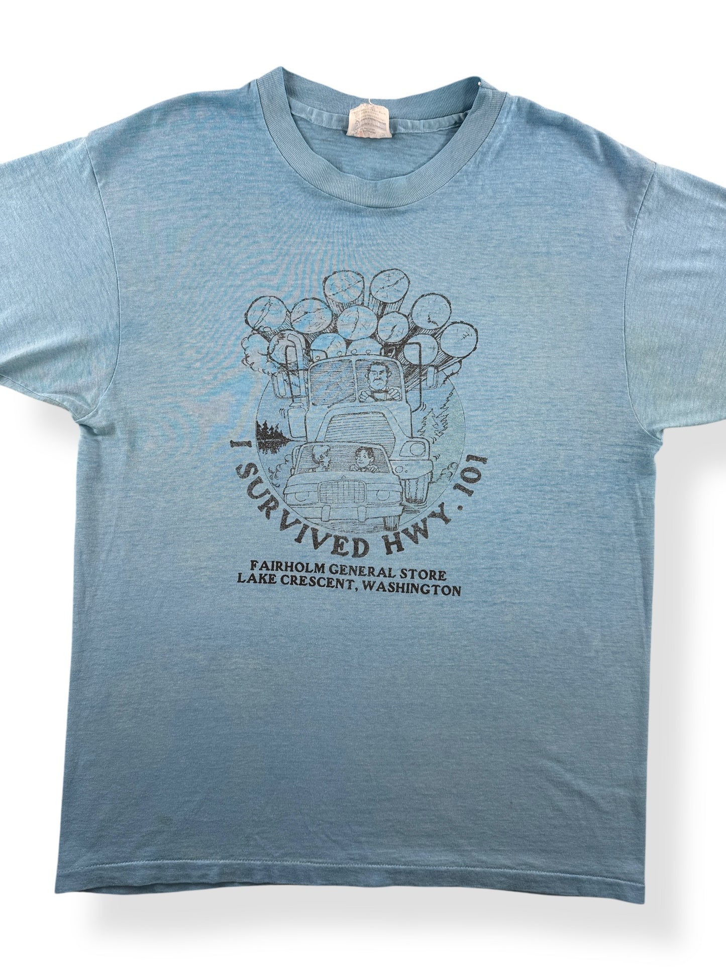 Front Close Up of Vintage Paper Thin Highway 101 Shirt SZ L