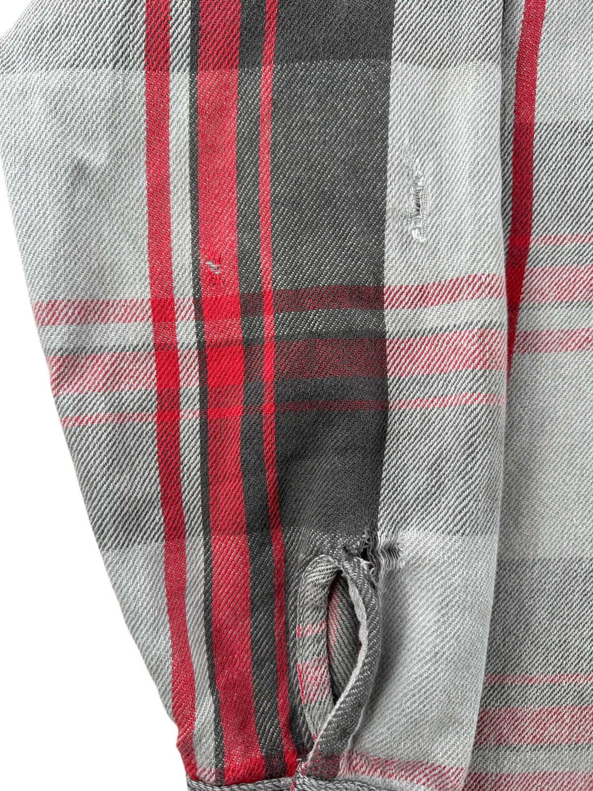 Ware on sleeve of Vintage Five Brothers Red & Grey Cotton Flannel SZ XL