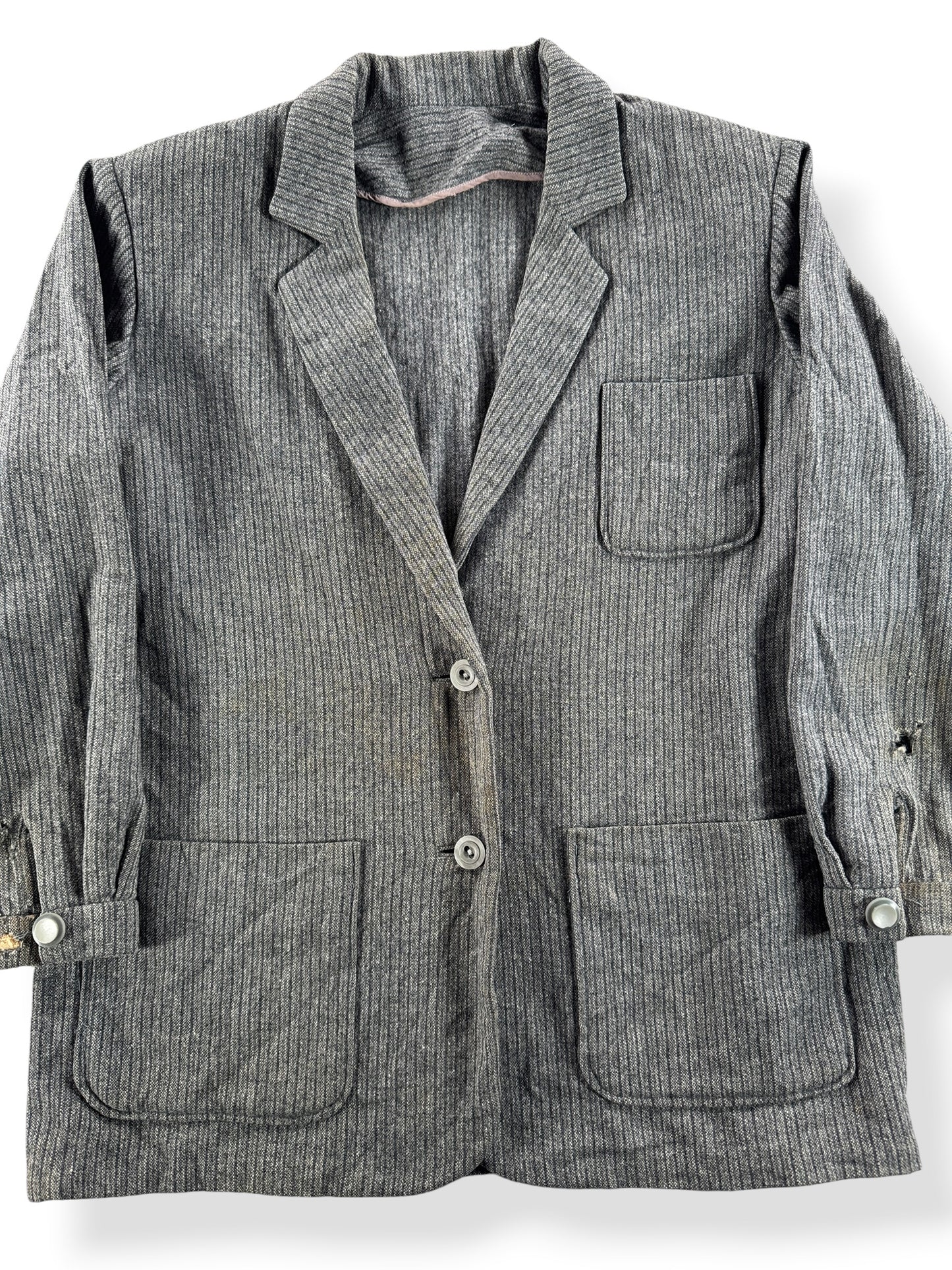 Front Close Up of Vintage Femme 40s Wool Pinstripe Blazer SZ S