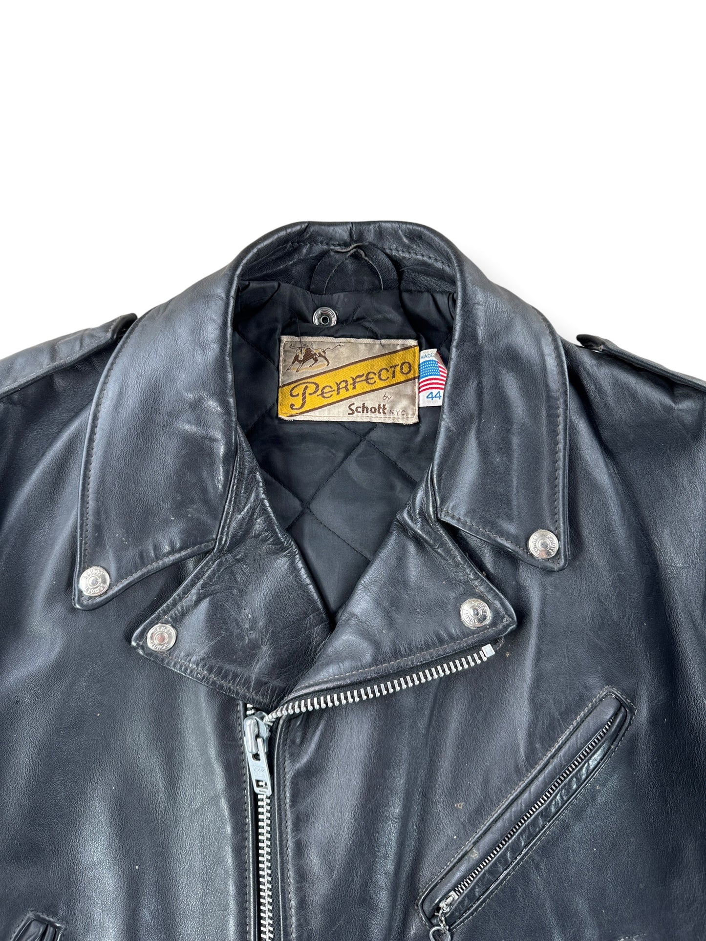 Collar on Vintage 80s Era Schott Perfecto Leather Jacket SZ 44